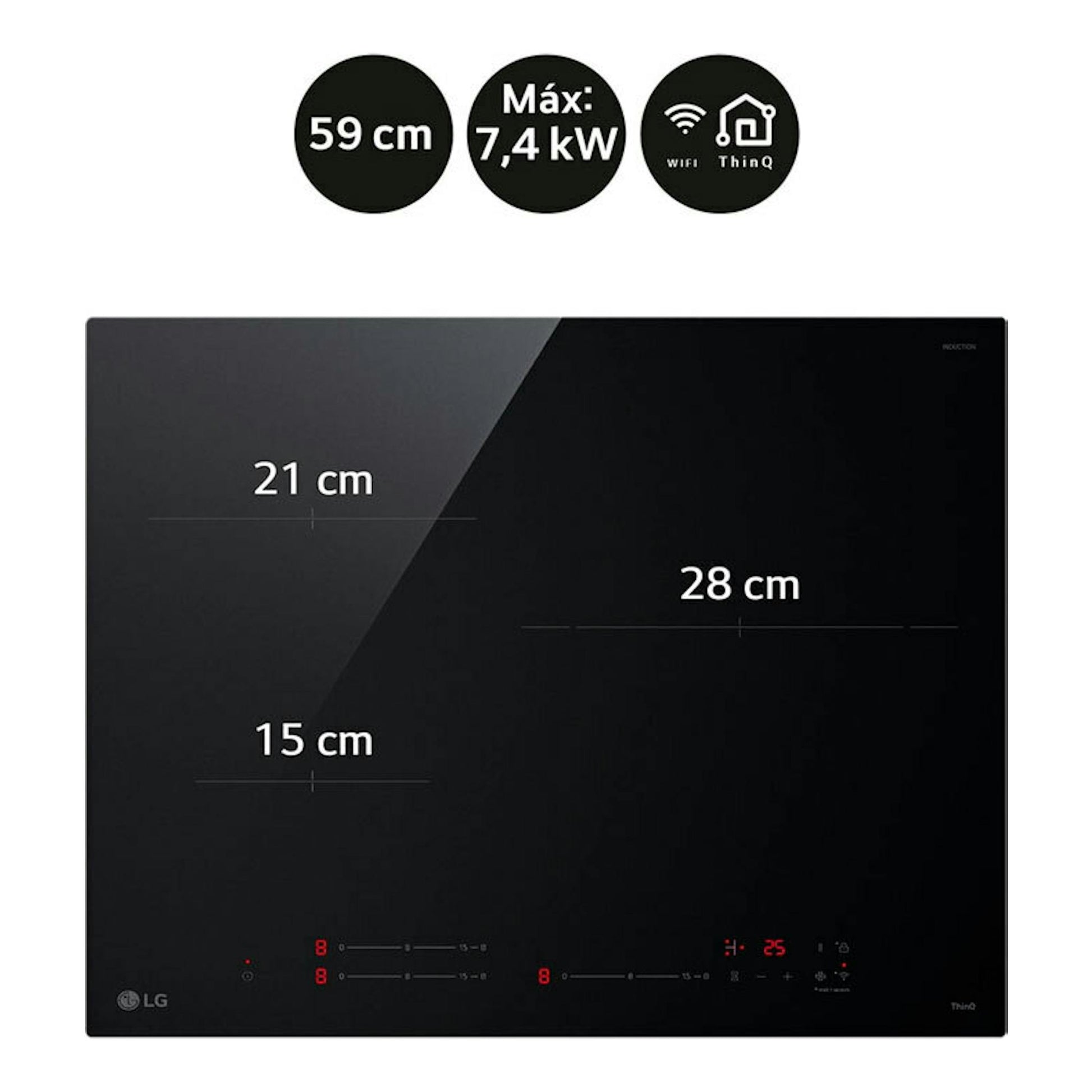 Placa de inducción LG CI5Z2420BN negra, vista frontal, 59 cm, con controles táctiles y zonas de 15, 21 y 28 cm.