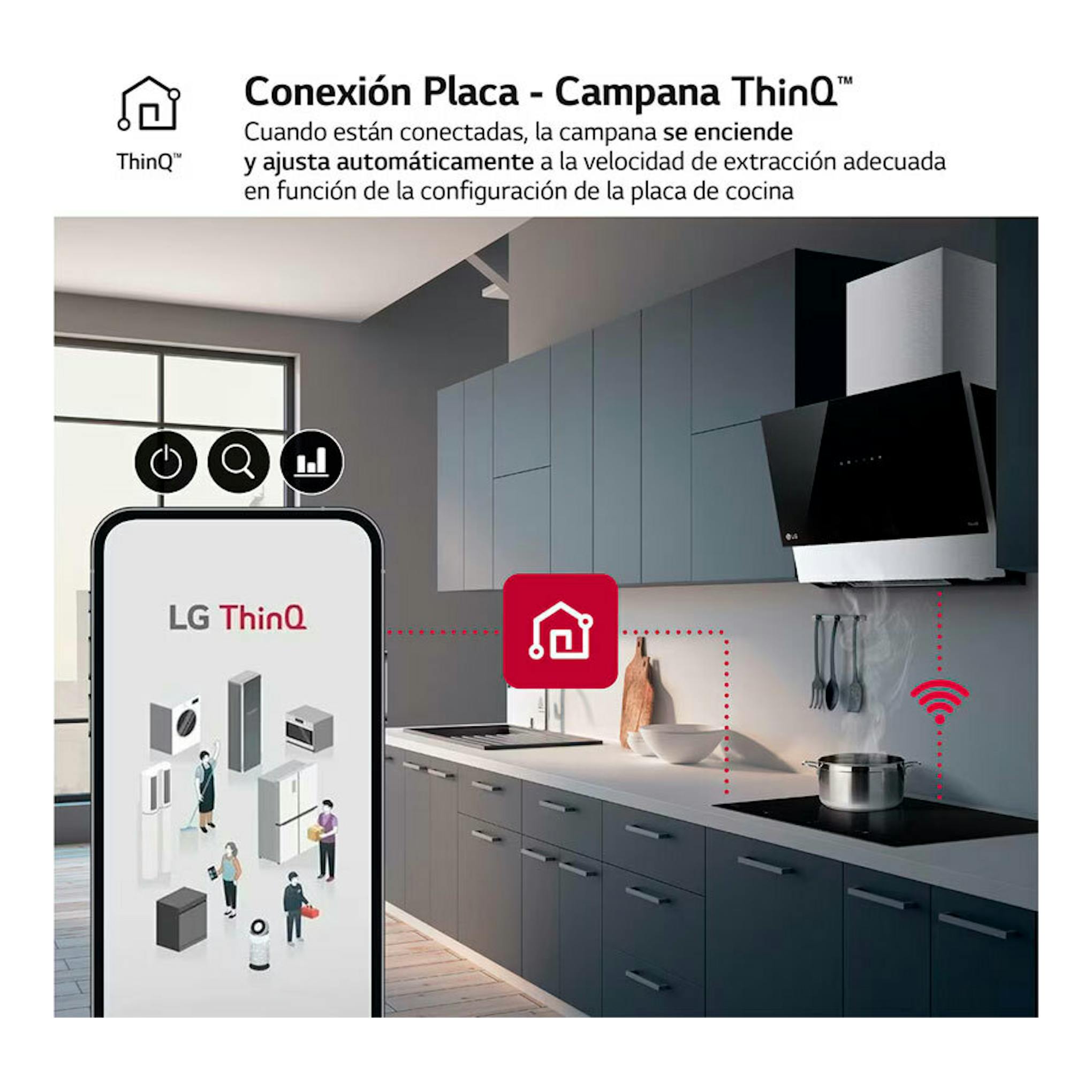 LG CI5Z2420BN: cocina moderna en vista frontal, placa de inducción negra conectada a una campana con LG ThinQ.