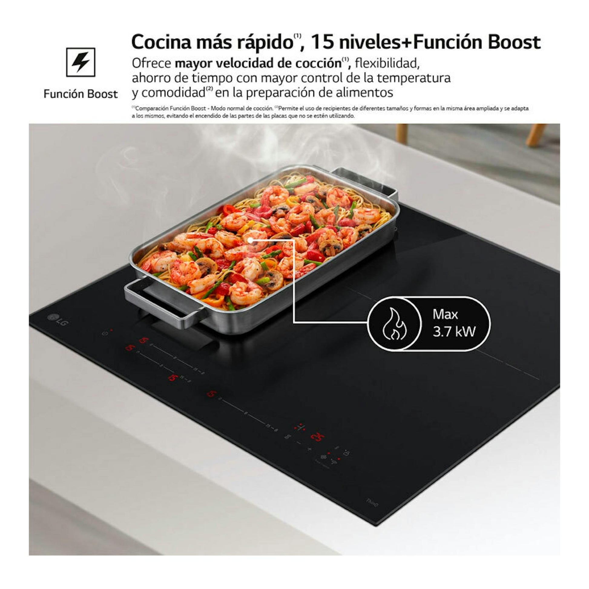 Placa de inducción LG CI5Z2421BN negra, vista en ángulo, con bandeja de comida.