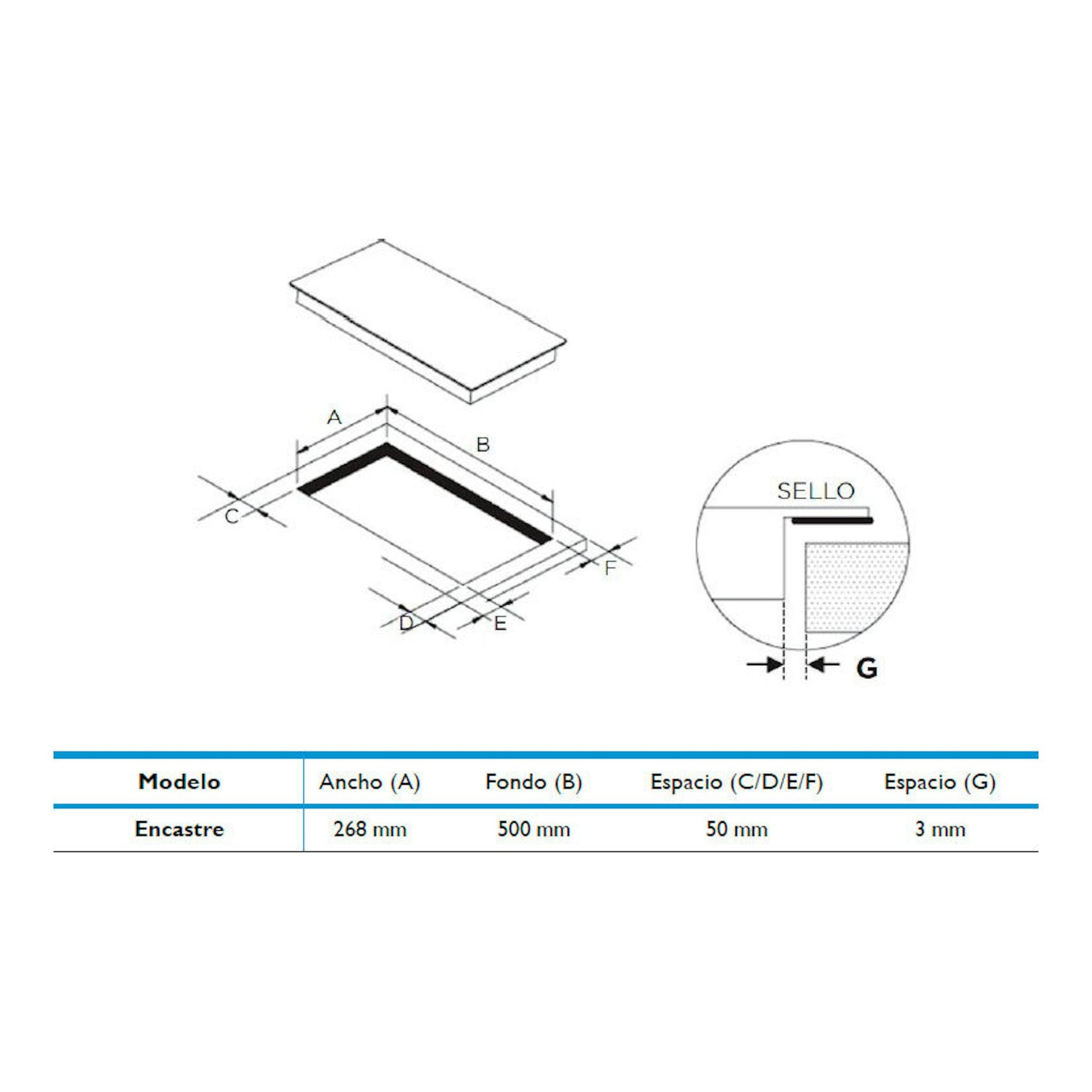 Midea MIH350D157K0: esquema de encastre de placa de inducción 30 cm, vista superior y cotas.