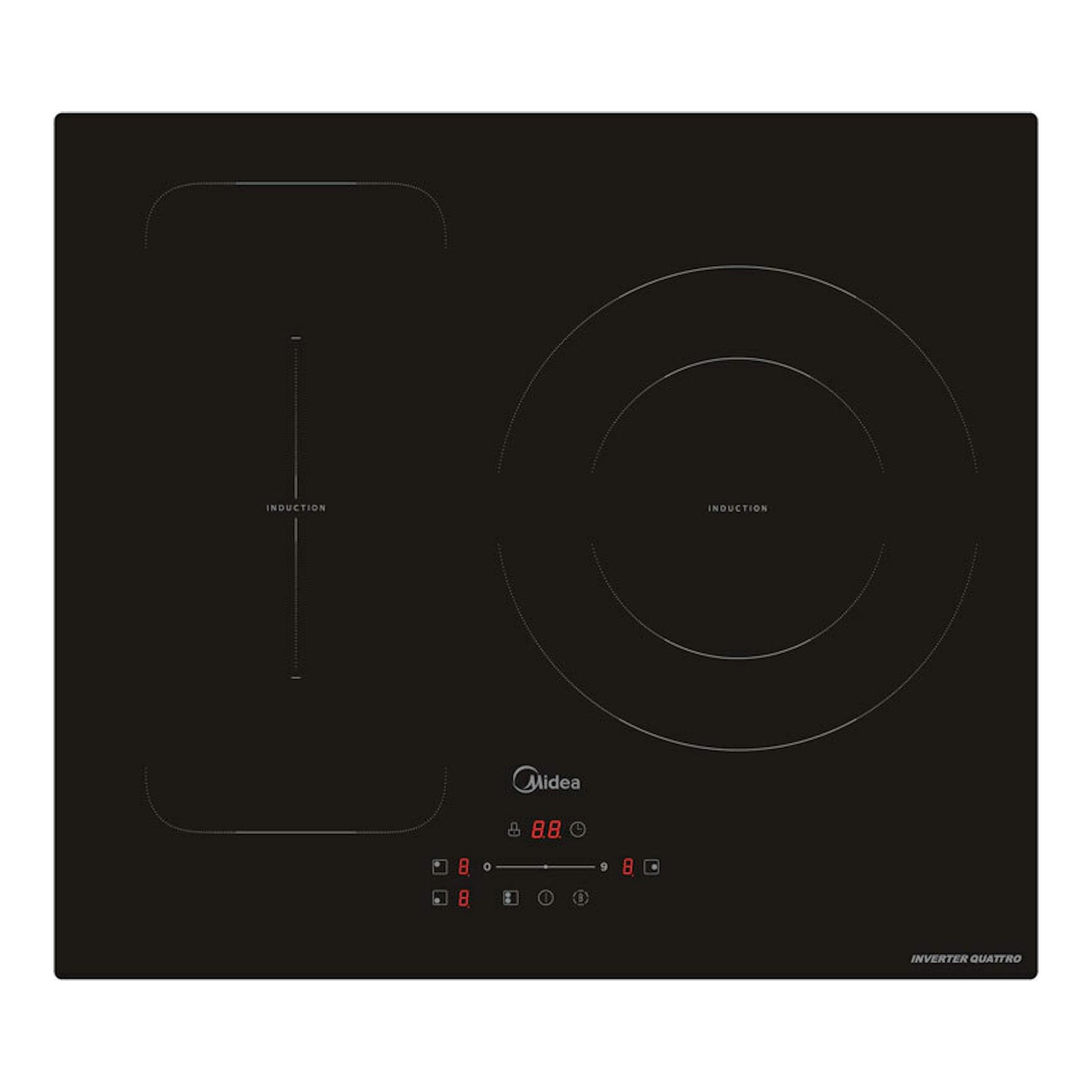 Placa de inducción Midea MIH740T279K0 negra, vista frontal, con dos zonas de cocción y controles táctiles.