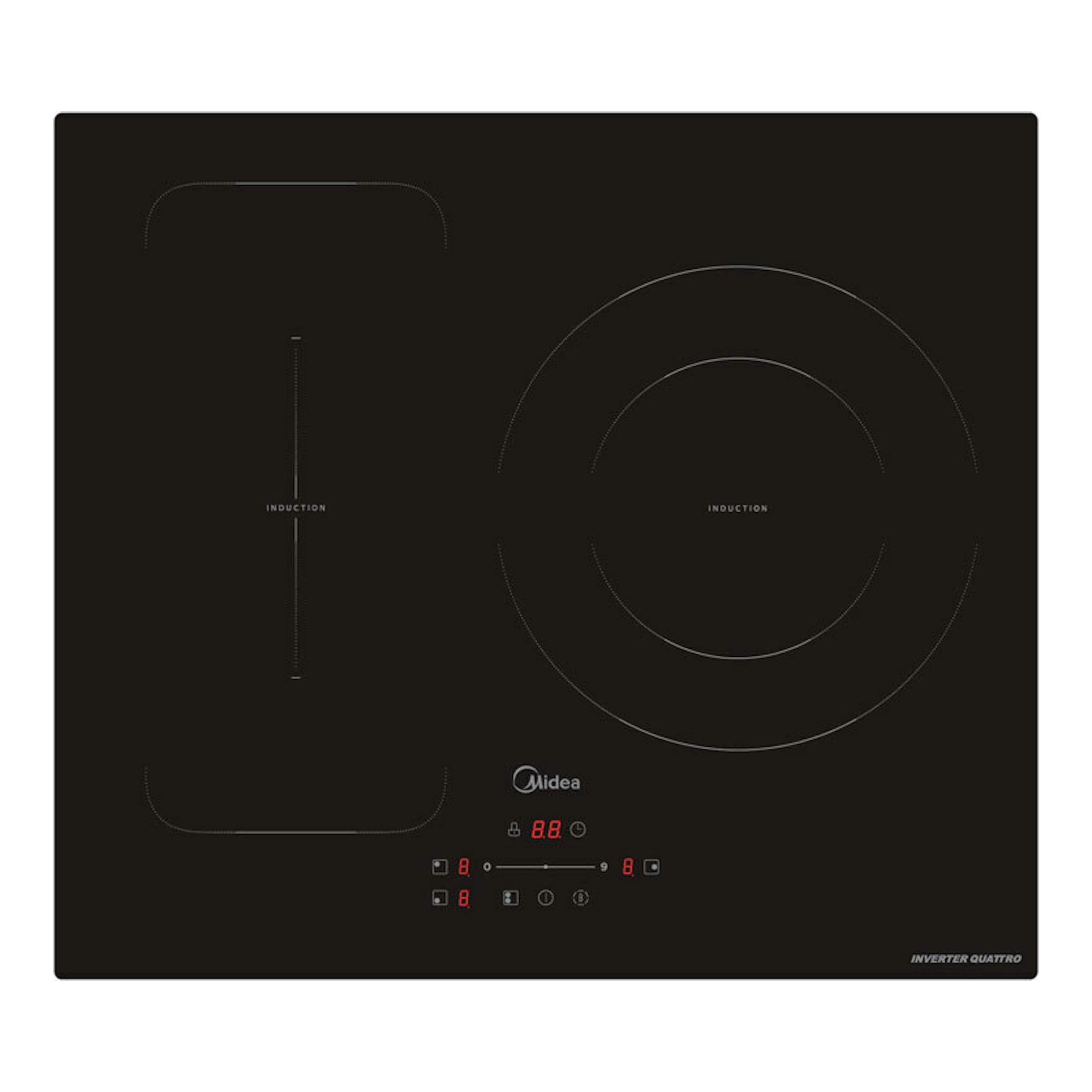 Placa de inducción Midea MIH740T279K0 negra, vista frontal, con dos zonas de cocción y controles táctiles.