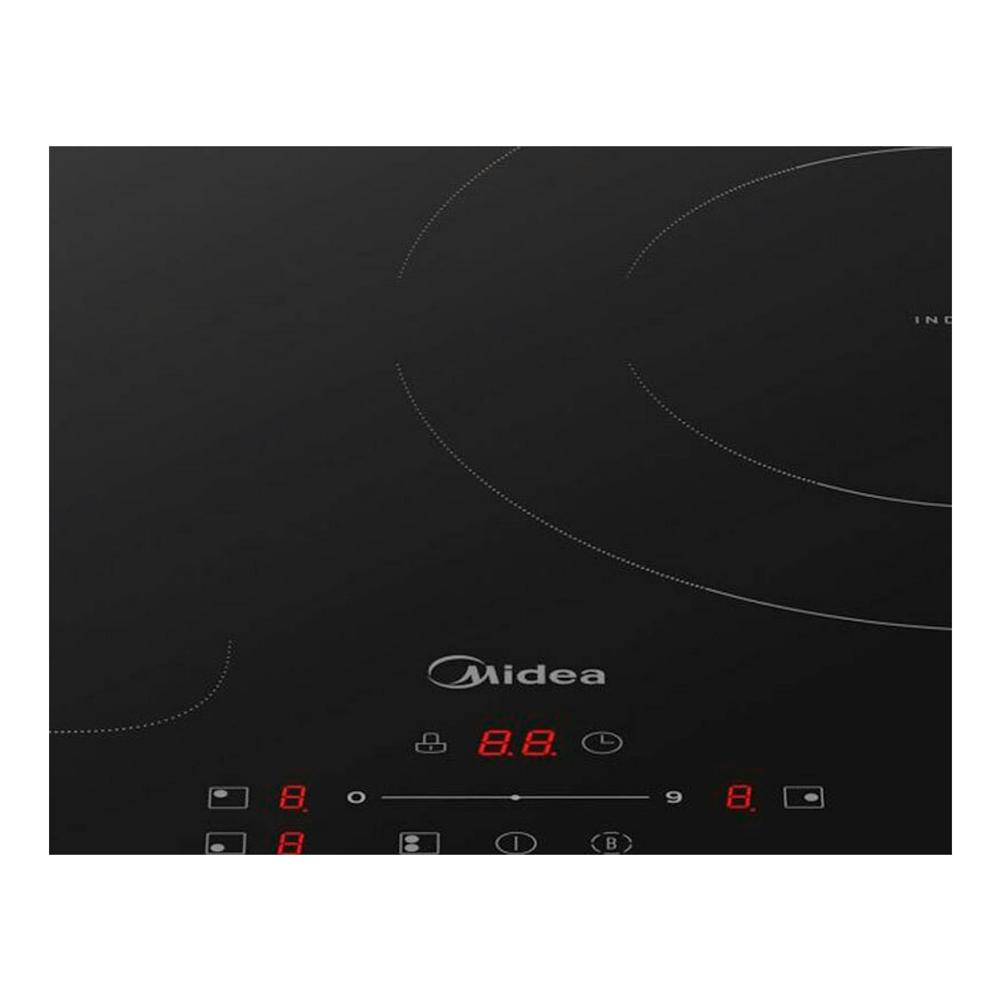 Placa de inducción Midea MIH740T279K0 negra, vista frontal con controles táctiles y display rojo.