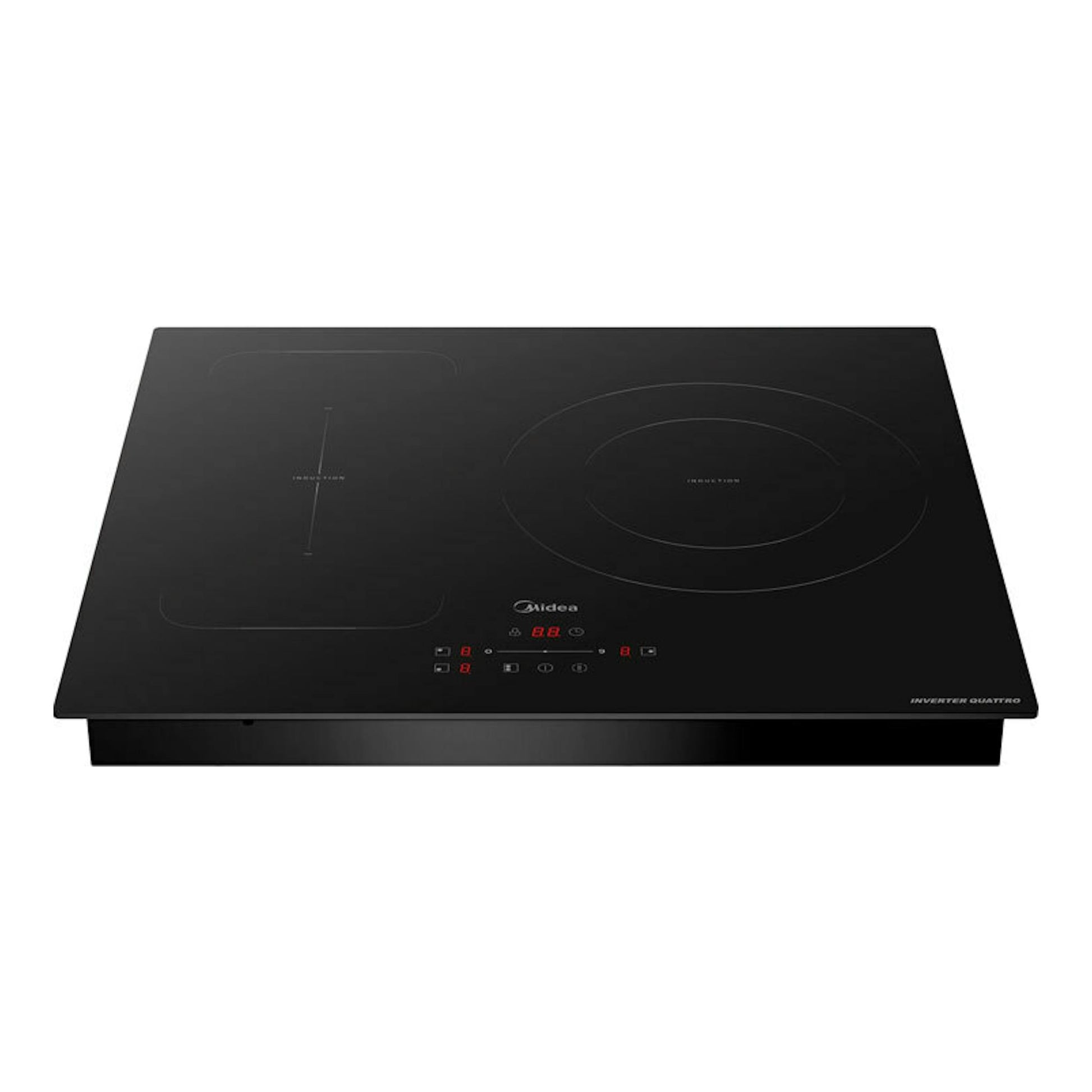 Placa de inducción Midea MIH740T279K0 negra, vista frontal inclinada, con cuatro zonas y panel táctil central.