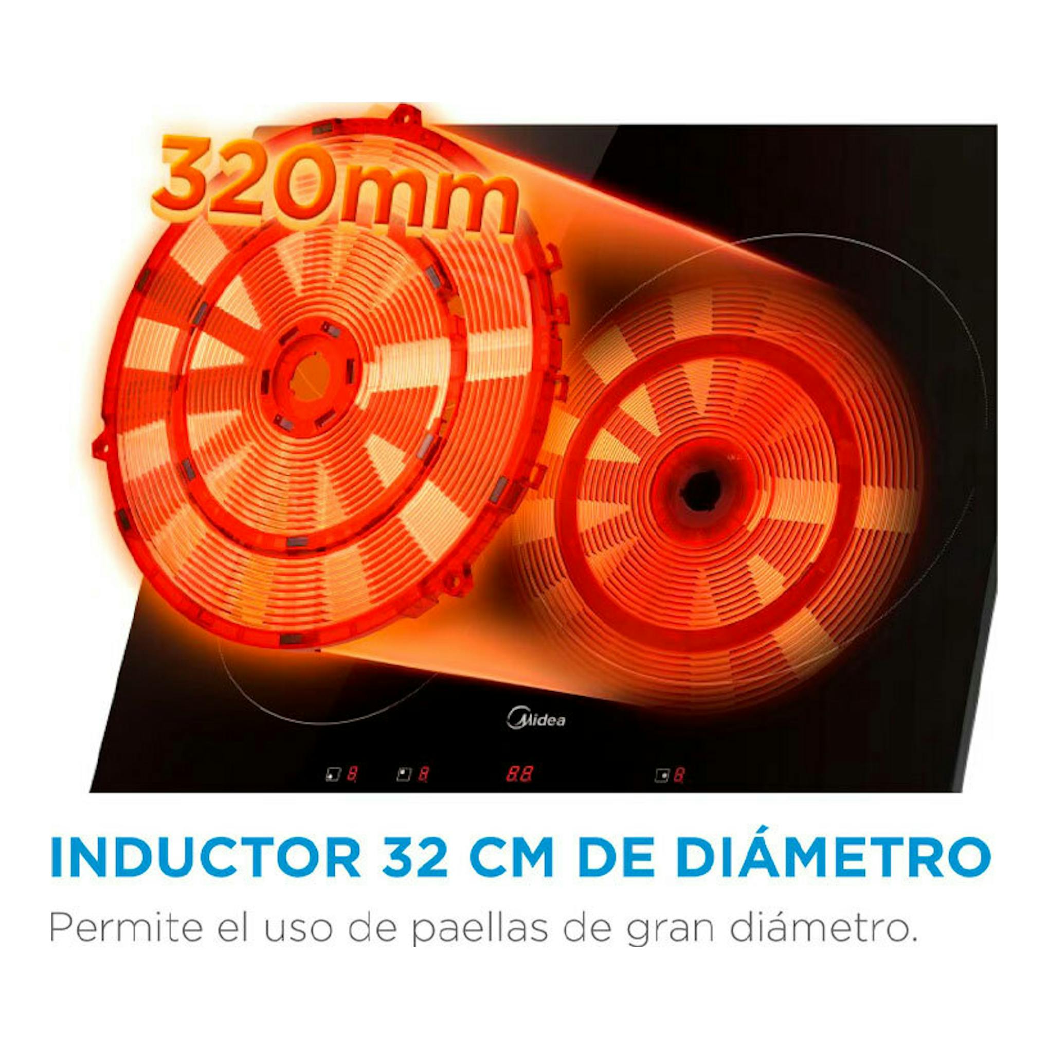 Placa de inducción Midea MIH740T467K0 negra, vista frontal, con dos zonas circulares y 320 mm.