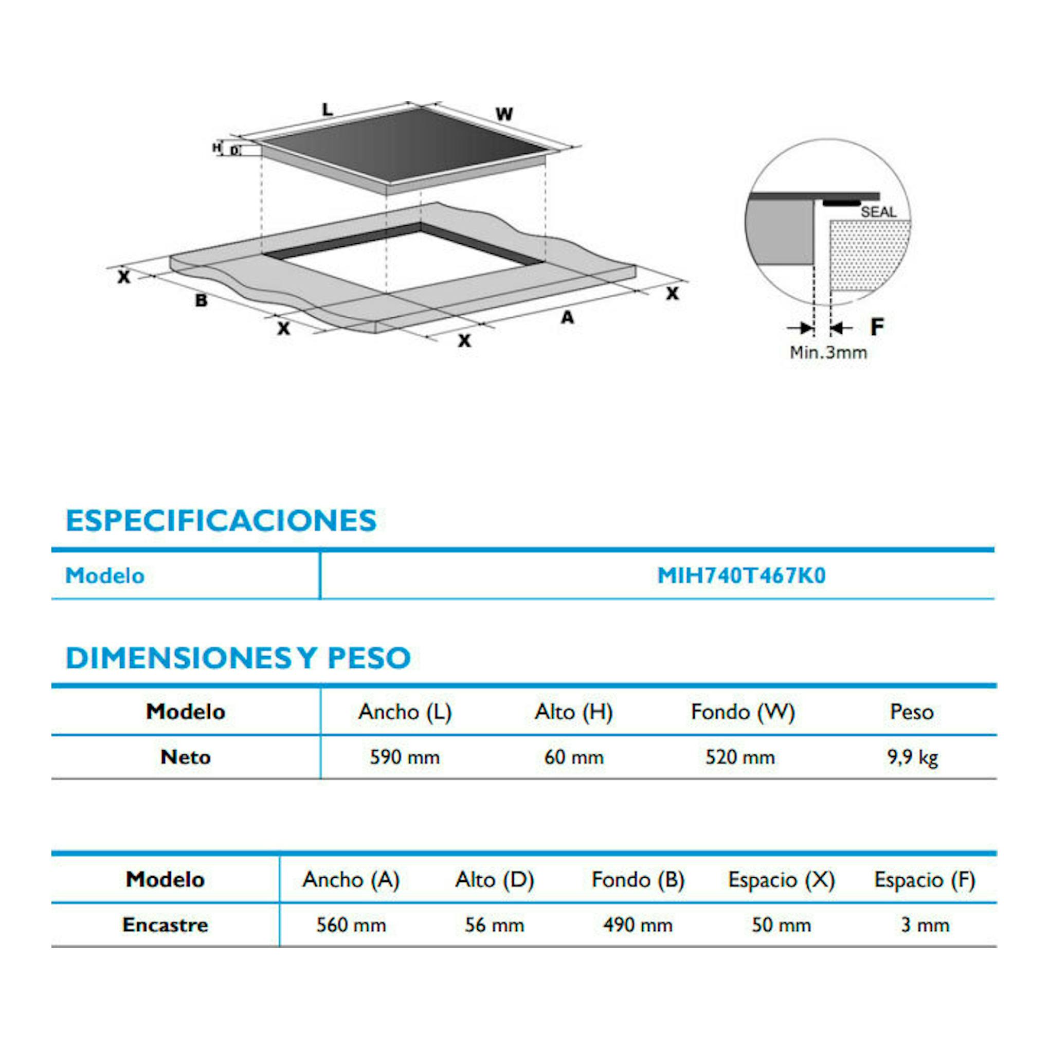 Midea MIH740T467K0: esquema técnico de placa de inducción, vista superior, con medidas de encastre.