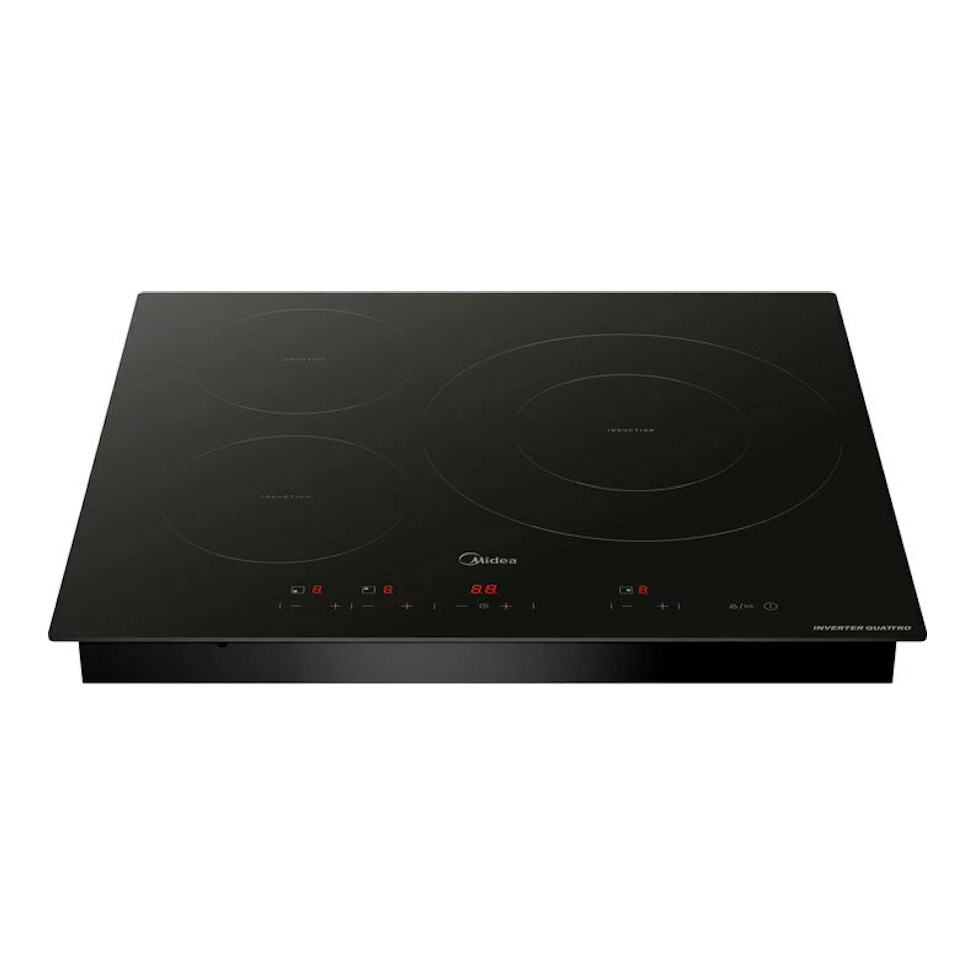 Placa de inducción Midea MIH740T467K0 negra, vista frontal en ángulo, con cuatro zonas de cocción.