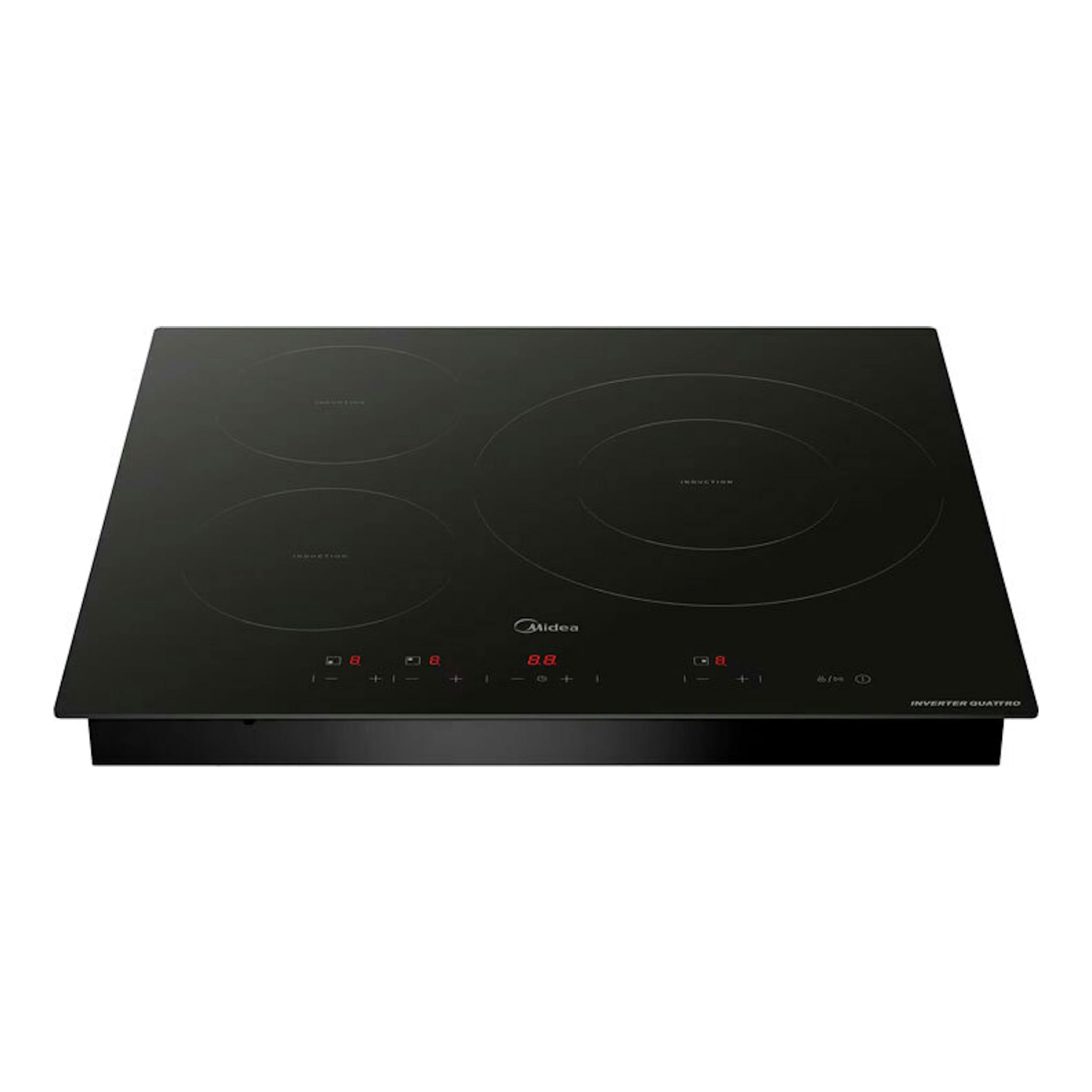 Placa de inducción Midea MIH740T467K0 negra, vista frontal en ángulo, con cuatro zonas de cocción.