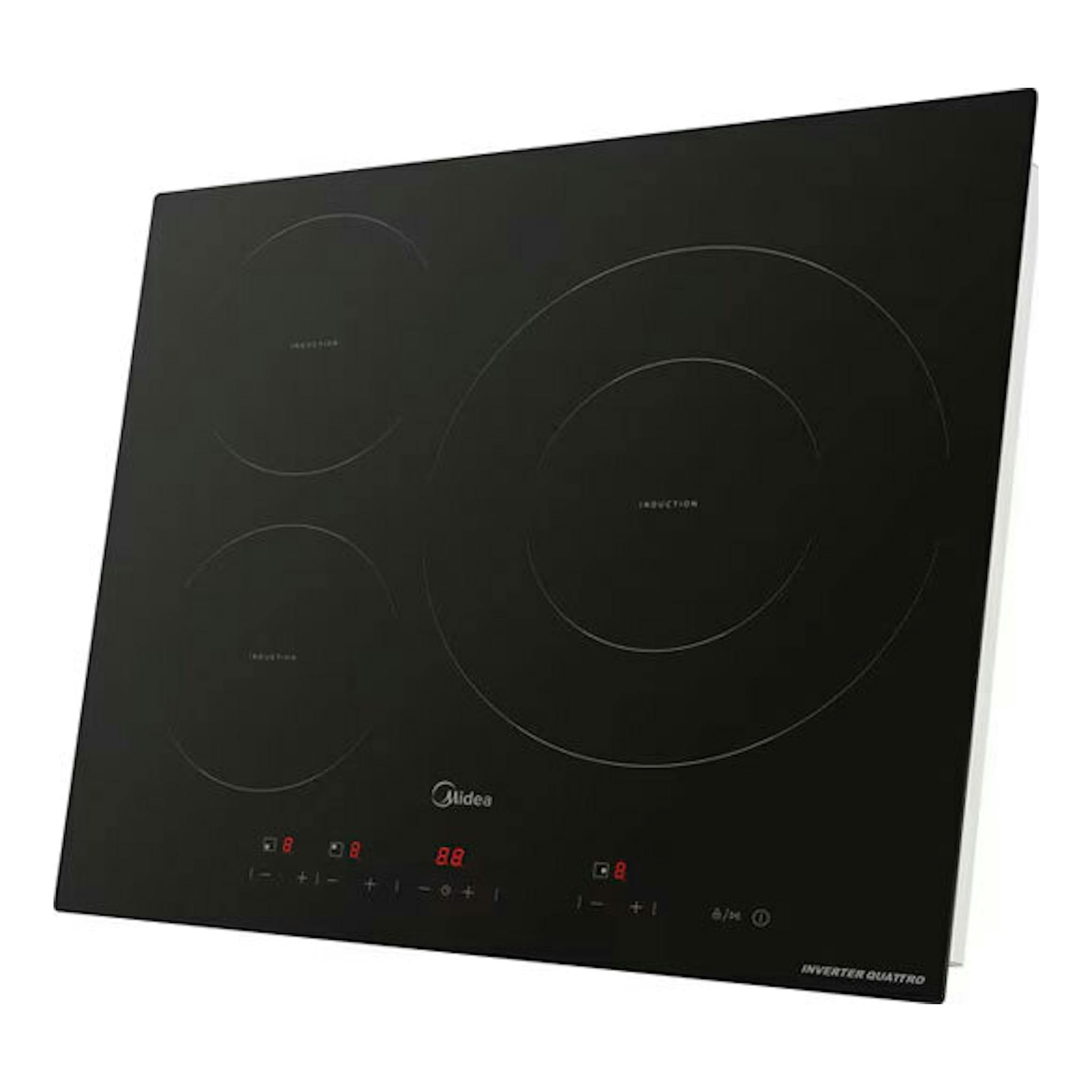 Placa de inducción Midea MIH740T467K0 negra, vista en ángulo, con cuatro zonas de cocción táctiles.