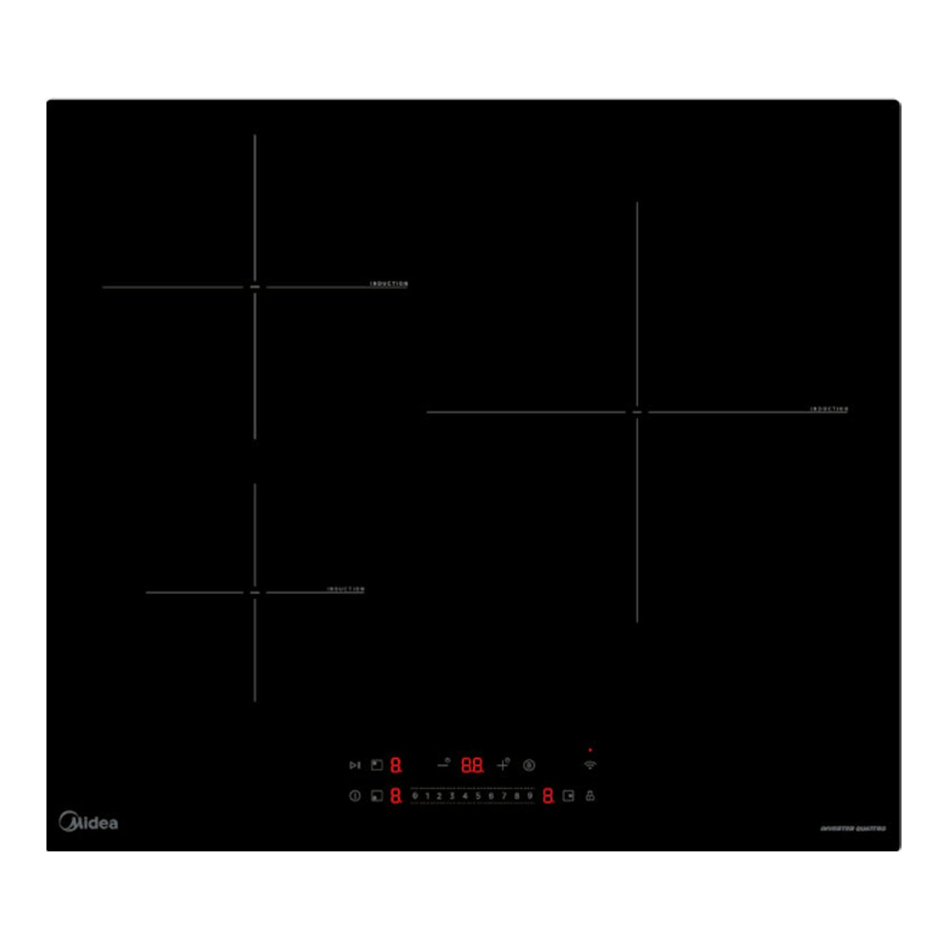 Placa de inducción Midea MIH743E325GK negra, vista superior, con cuatro zonas y panel táctil.