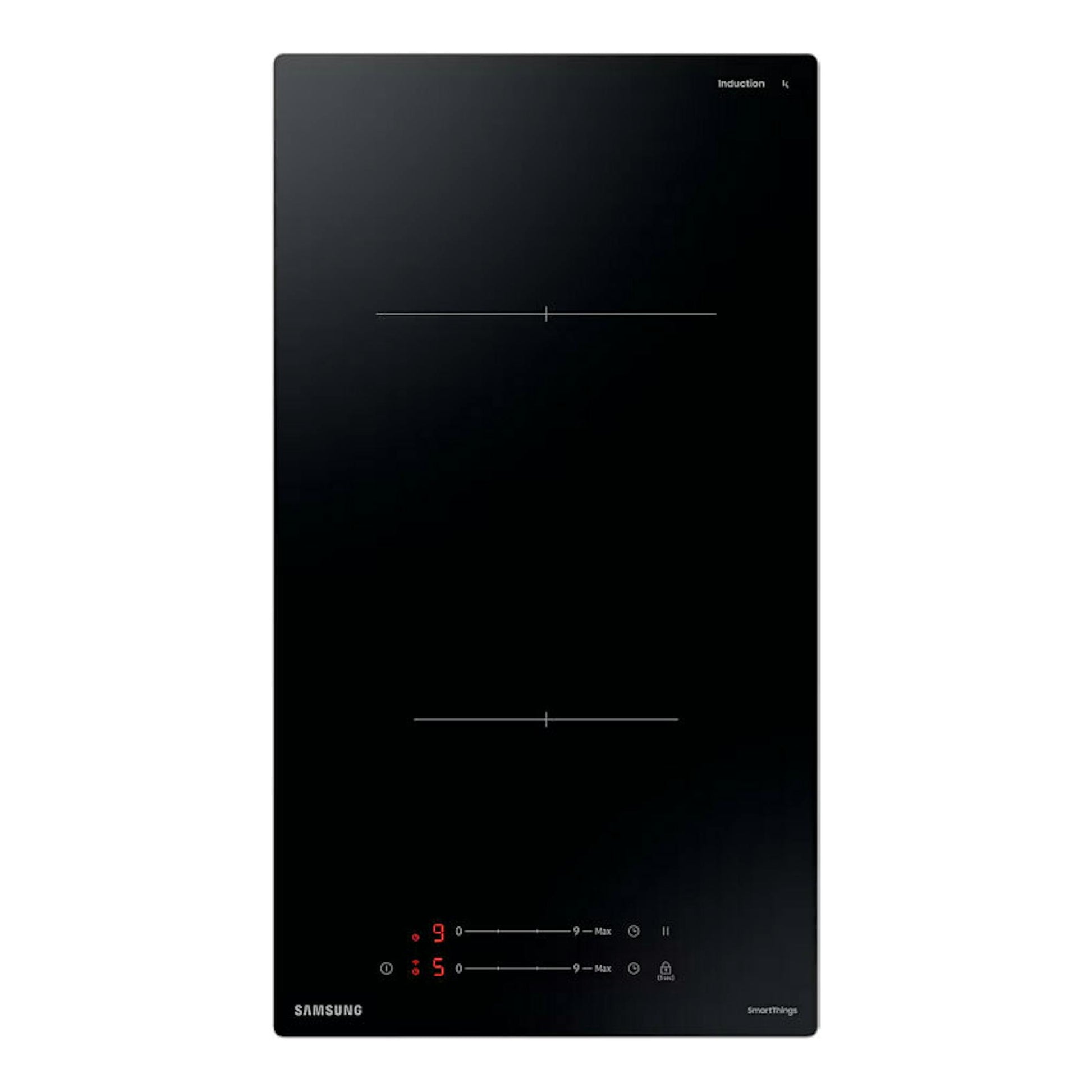 Samsung NZ32BG2005FKU1, placa de inducción negra de 29 cm, vista frontal, con dos zonas y controles táctiles.