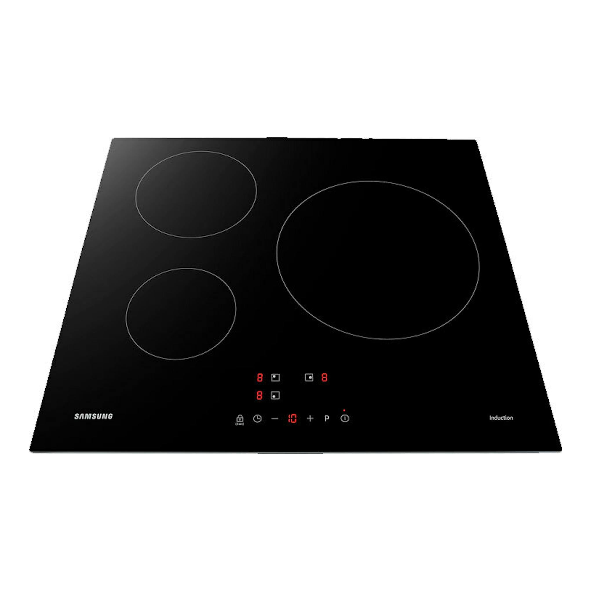 Placa de inducción Samsung negra, vista frontal, con tres zonas de cocción y panel táctil en la parte inferior.