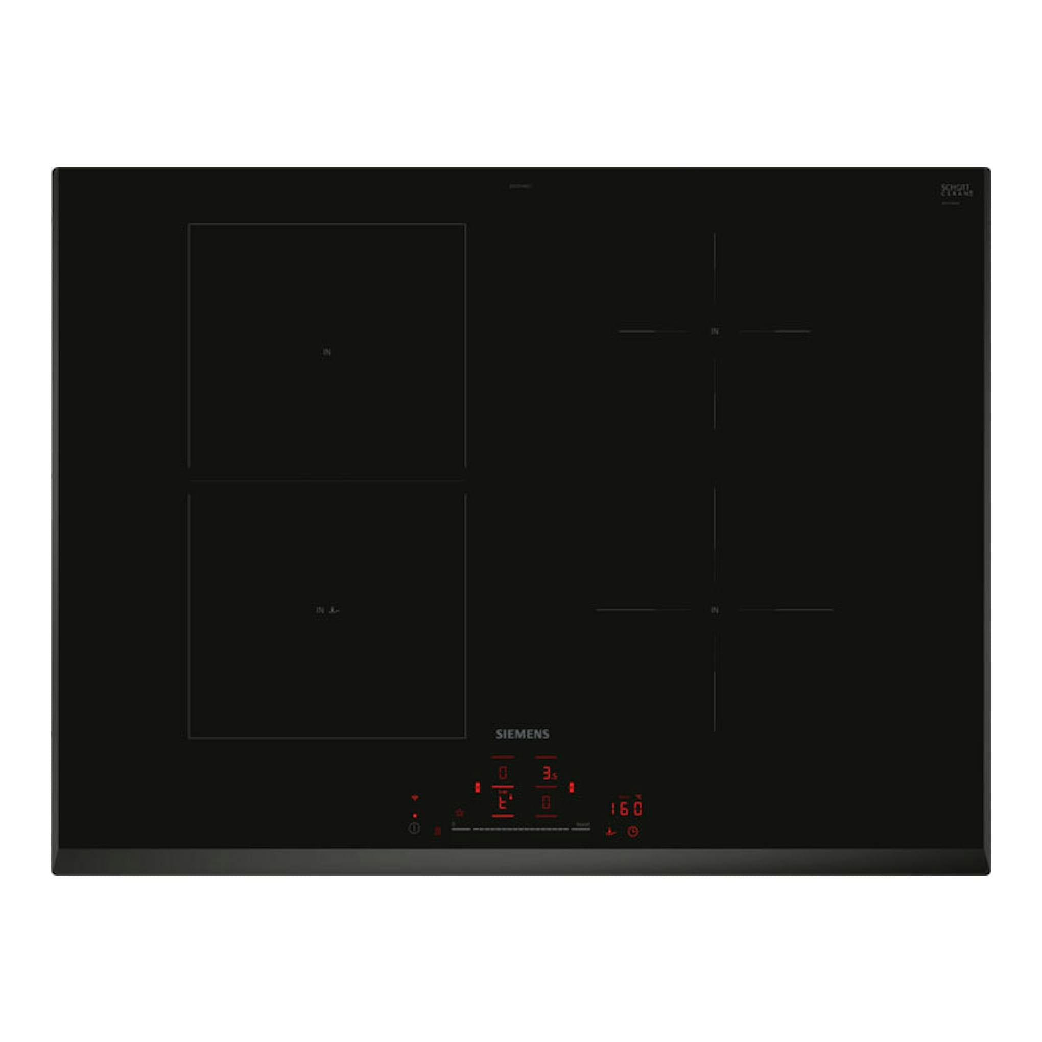 Placa de inducción Siemens ED751HSC1E de 70 cm, negra, vista frontal, con cuatro zonas de cocción.