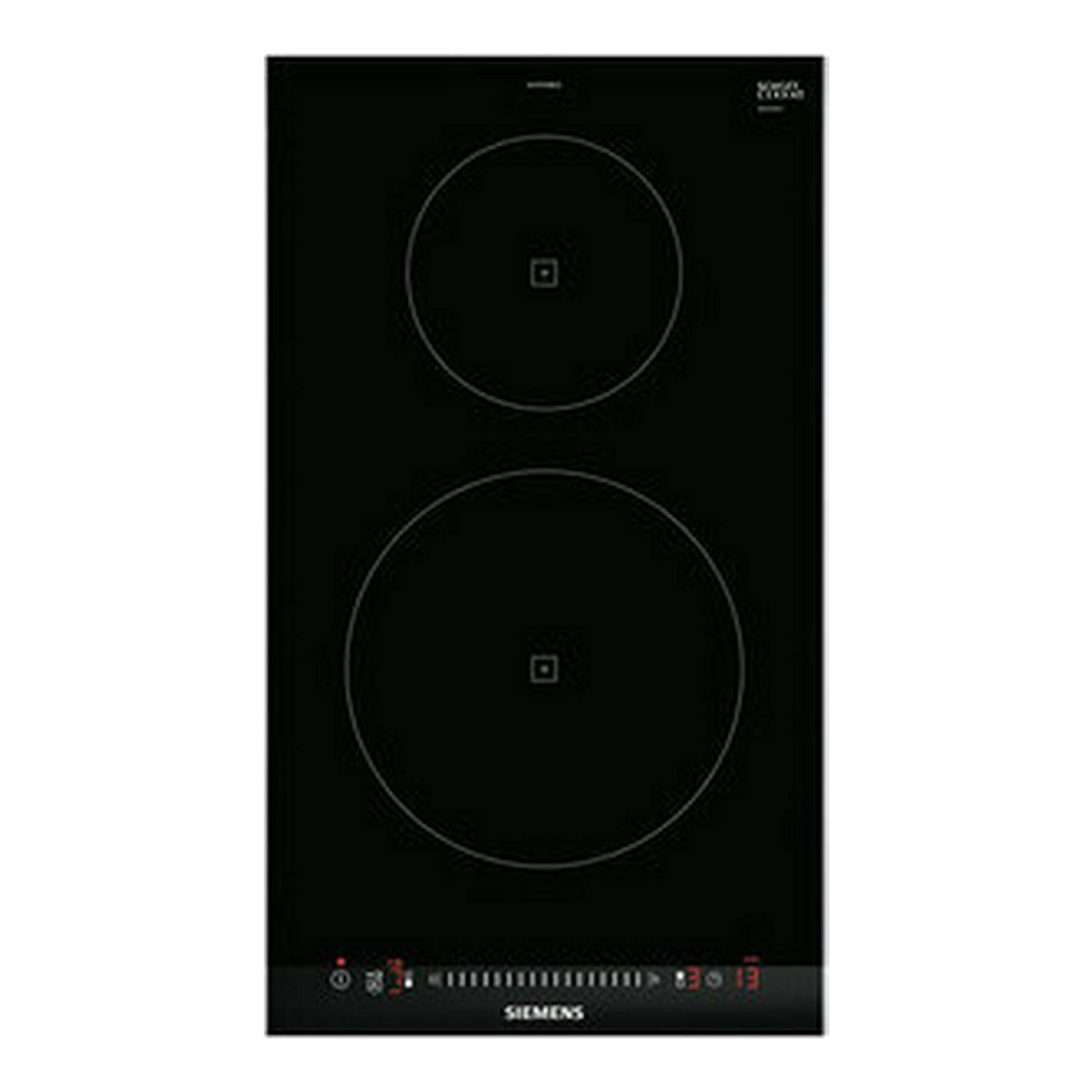 Placa de inducción Siemens EH375FBB1E negra, vista frontal, con 2 zonas de cocción y controles táctiles.