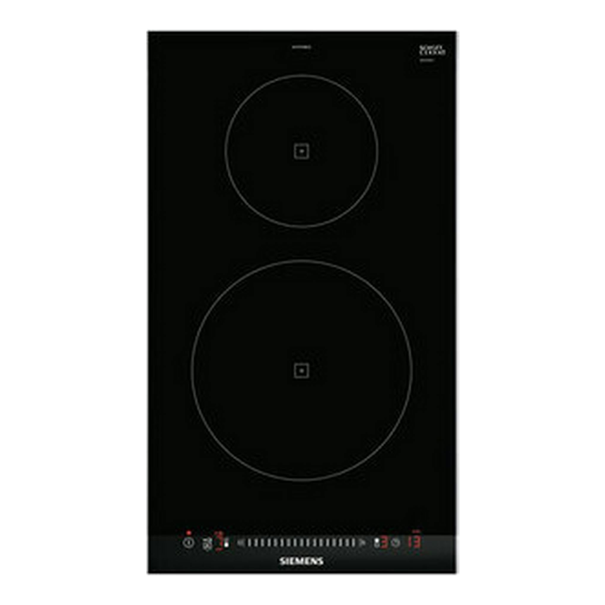 Placa de inducción Siemens EH375FBB1E negra, vista frontal, con 2 zonas de cocción y controles táctiles.
