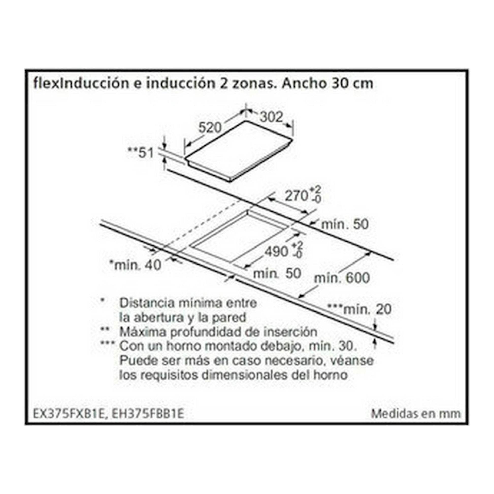 Diagrama técnico de instalación de placa de inducción Siemens EH375FBB1E de 30 cm, con medidas en mm.