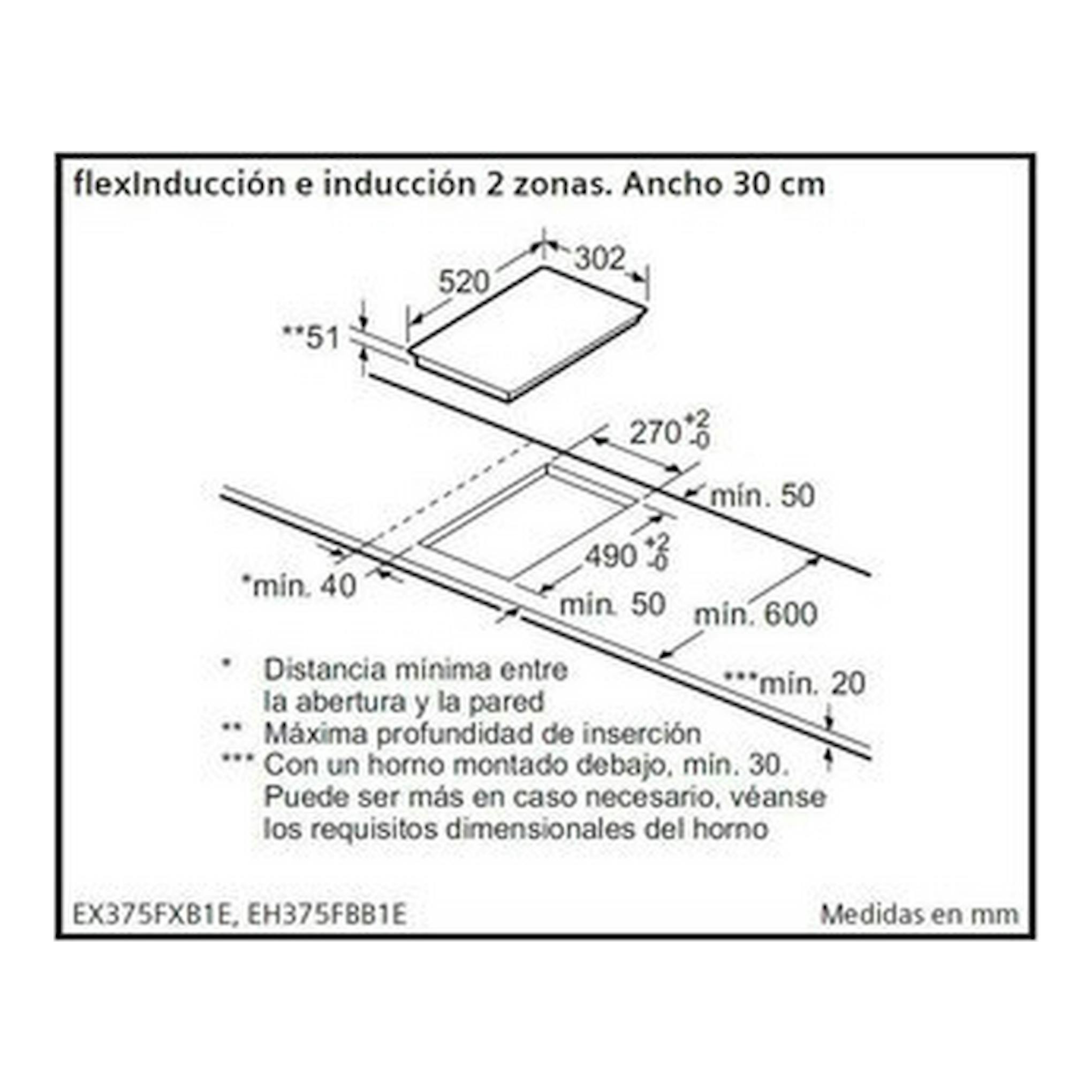 Diagrama técnico de instalación de placa de inducción Siemens EH375FBB1E de 30 cm, con medidas en mm.