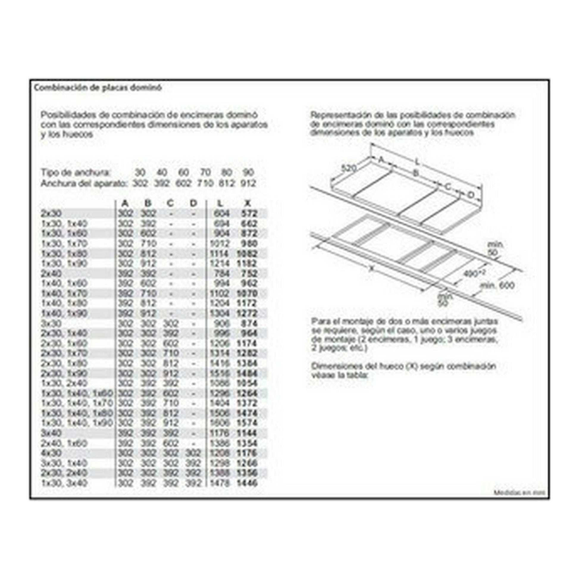 Página técnica en blanco y negro con tabla y esquema de instalación de placa de cocción dominó.