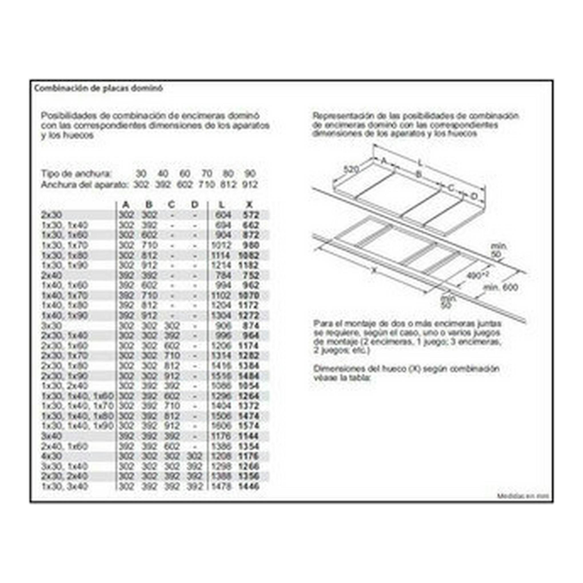 Página técnica en blanco y negro con tabla y esquema de instalación de placa de cocción dominó.