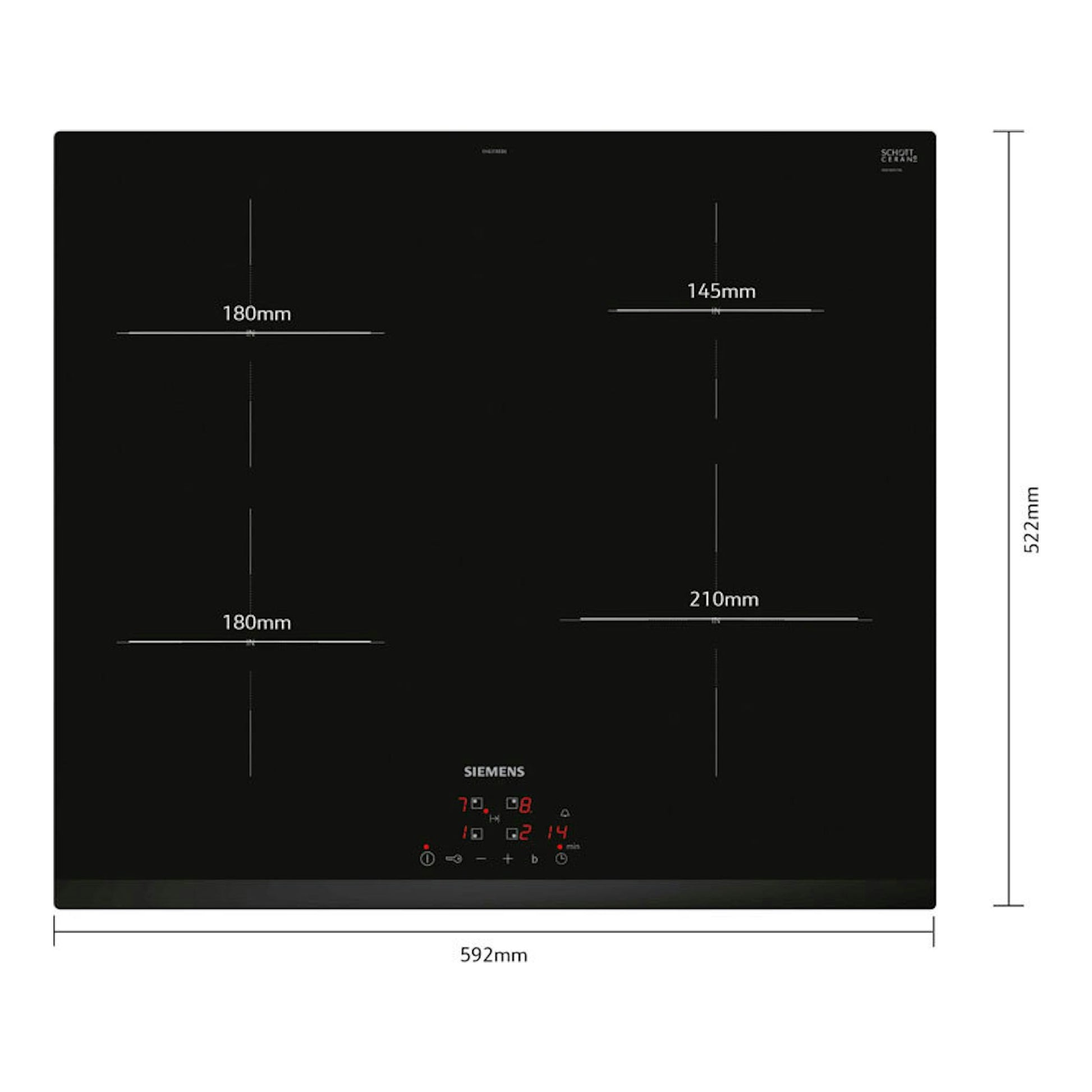 Placa de inducción Siemens EH631BEB6E negra, vista frontal, con 4 zonas y mandos táctiles, 592 x 522 mm.