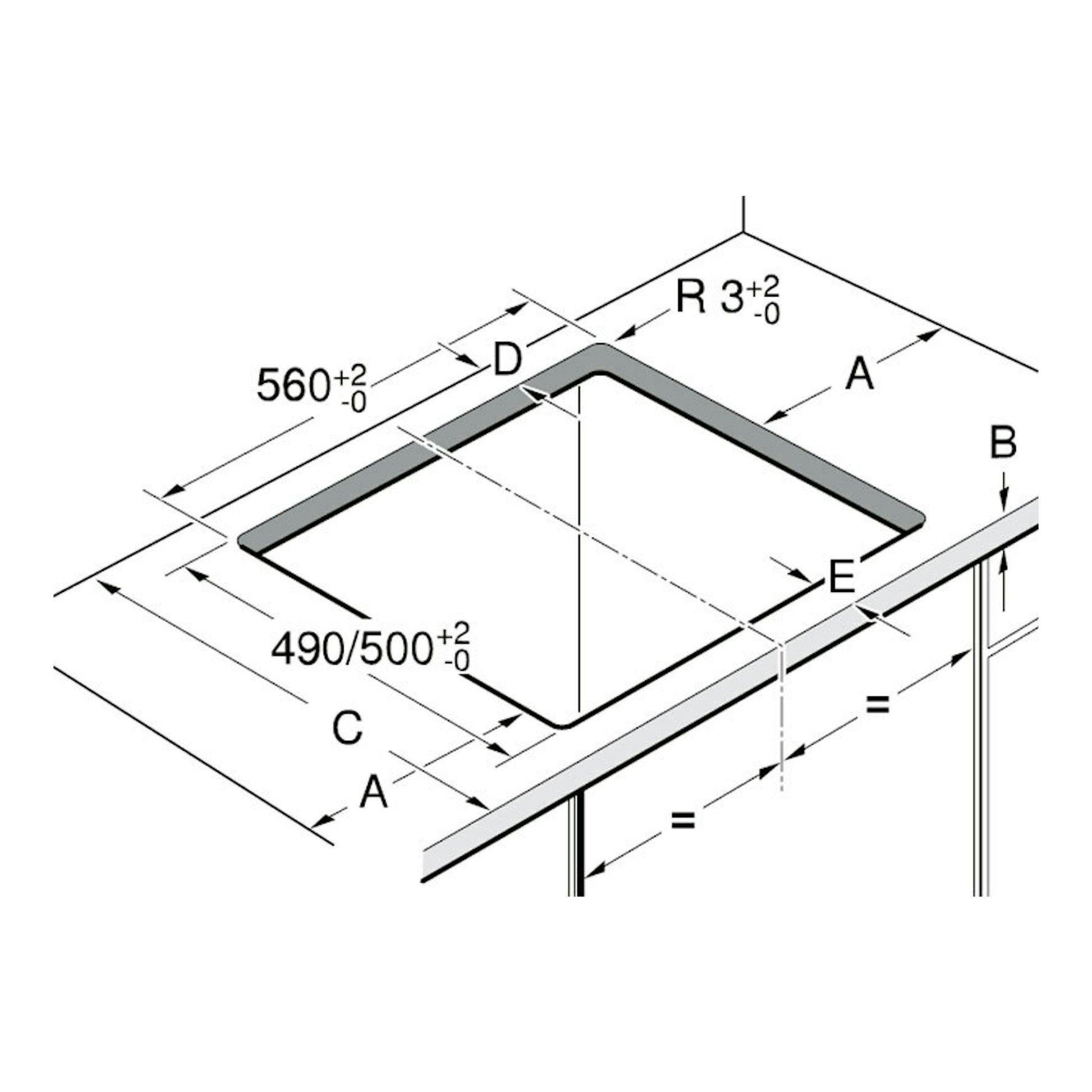 Diagrama técnico de instalación de placa de inducción Siemens EH631BJB6E, vista isométrica con medidas de corte.