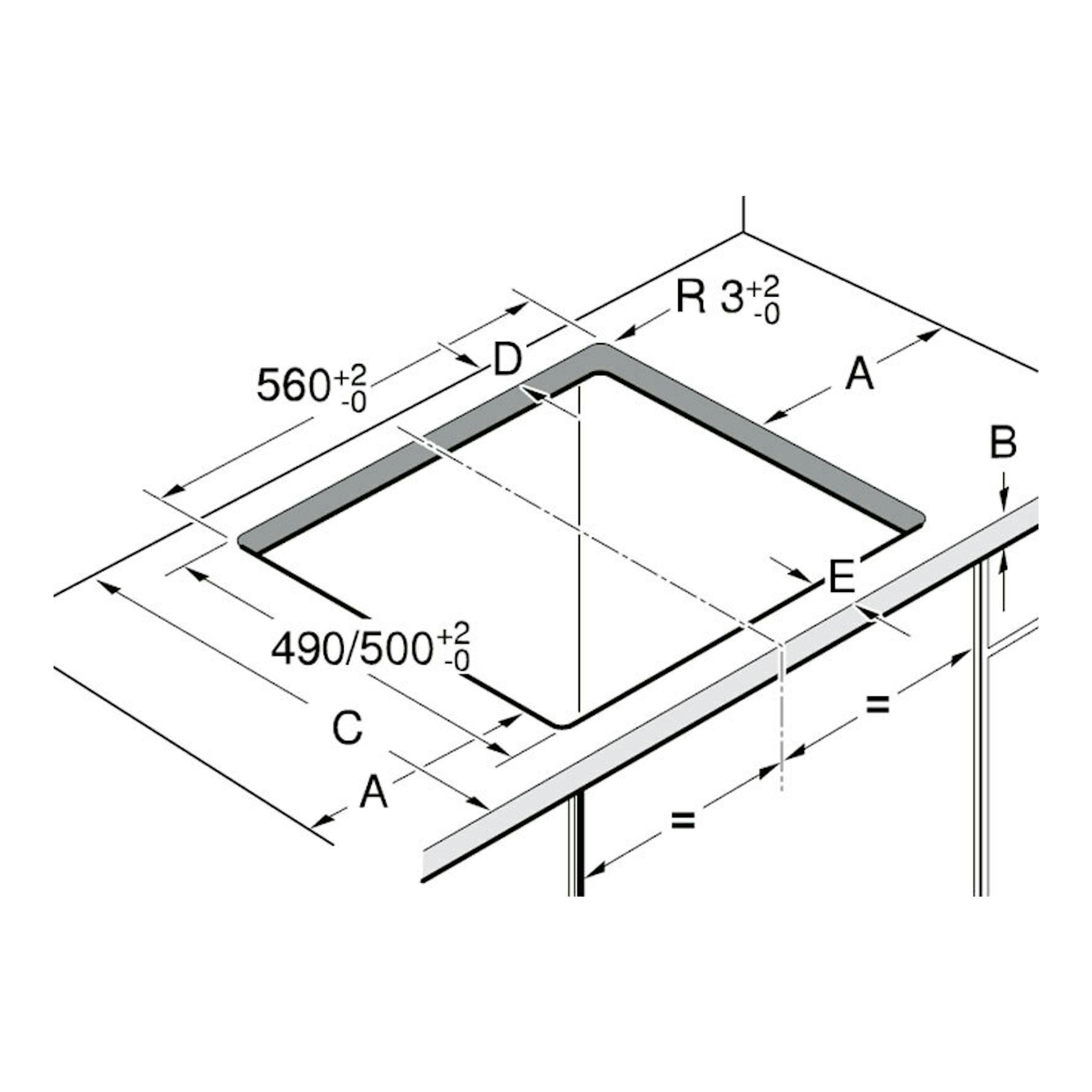 Diagrama técnico de instalación de placa de inducción Siemens EH631BJB6E, vista isométrica con medidas de corte.