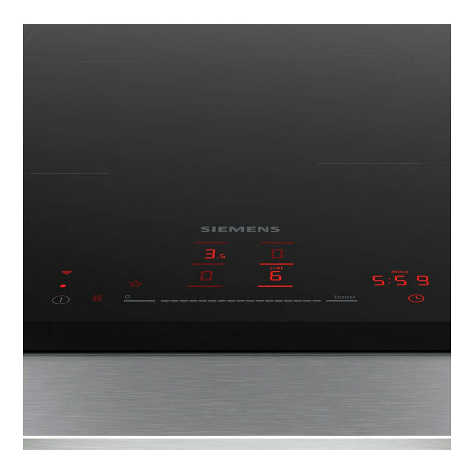 Placa de inducción Siemens, vista frontal, vidrio negro con mandos táctiles y display rojo.