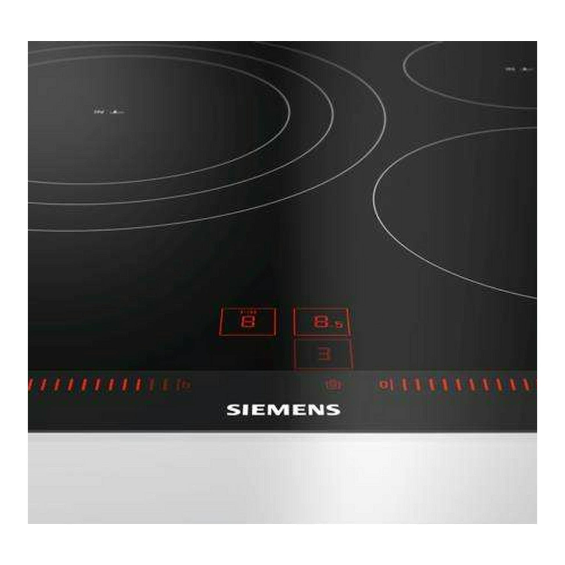 Placa de inducción Siemens EH775LDC1E negra, vista frontal, con mandos táctiles y zonas circulares.