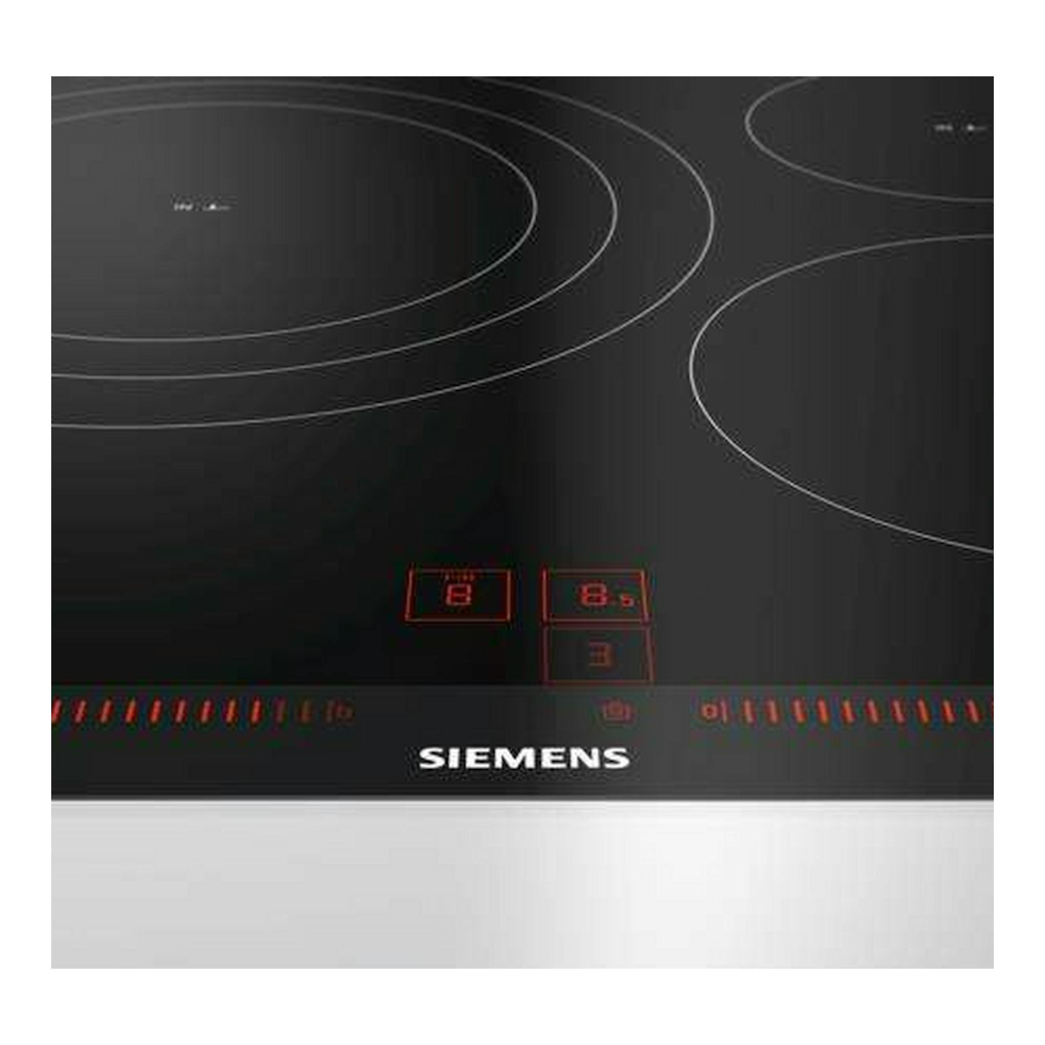 Placa de inducción Siemens EH775LDC1E negra, vista frontal, con mandos táctiles y zonas circulares.