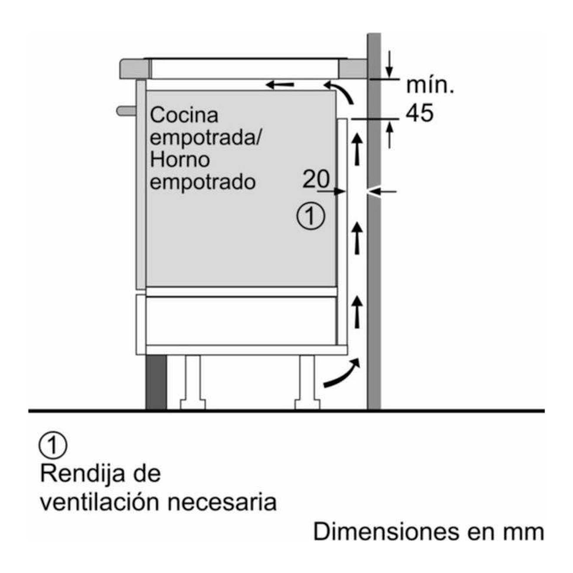 Esquema lateral de instalación de cocina empotrada Siemens EH775LDC1E, con ventilación mínima y medidas en mm.