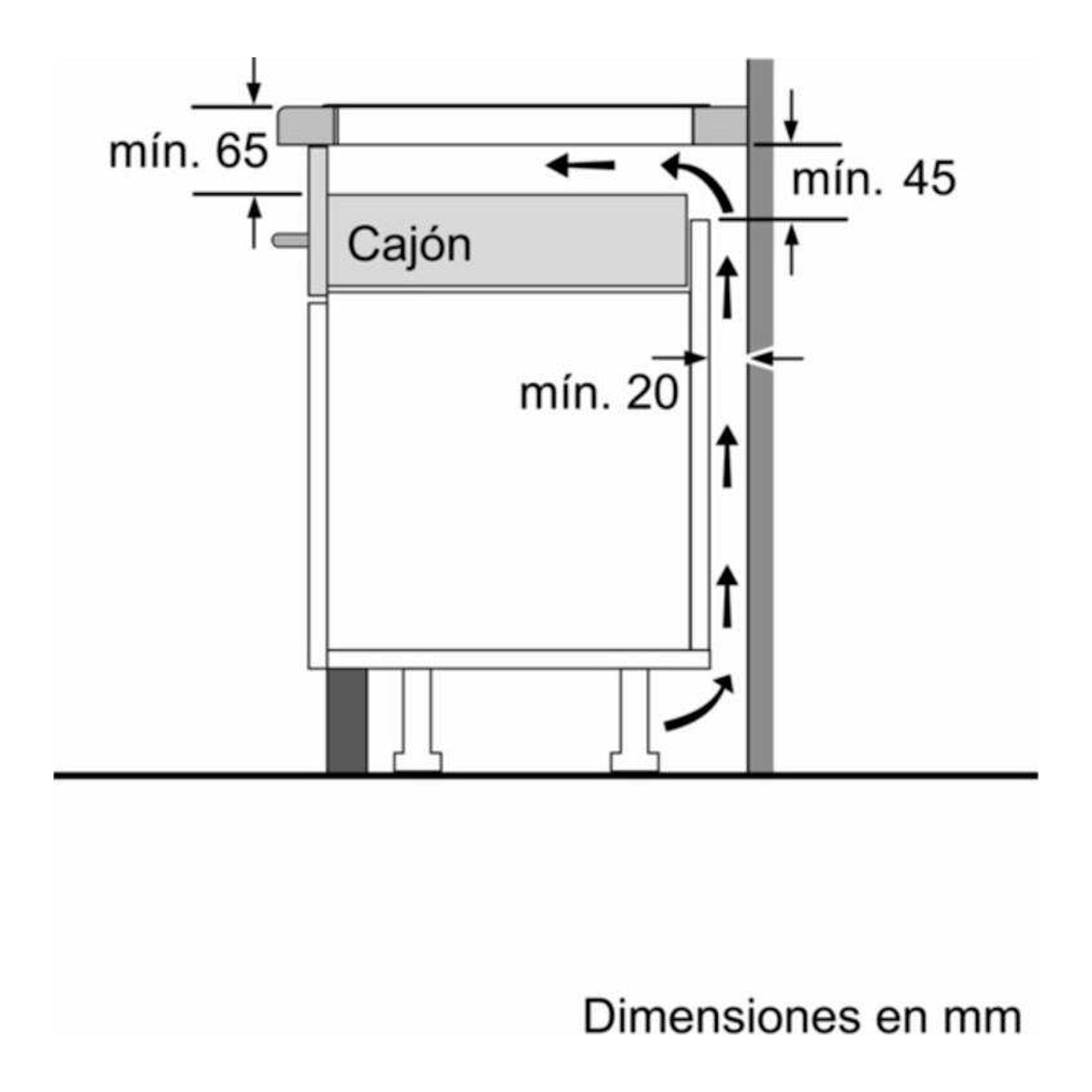Diagrama técnico en vista lateral de placa de inducción Siemens EH775LDC1E, con cajón y medidas mínimas en mm.