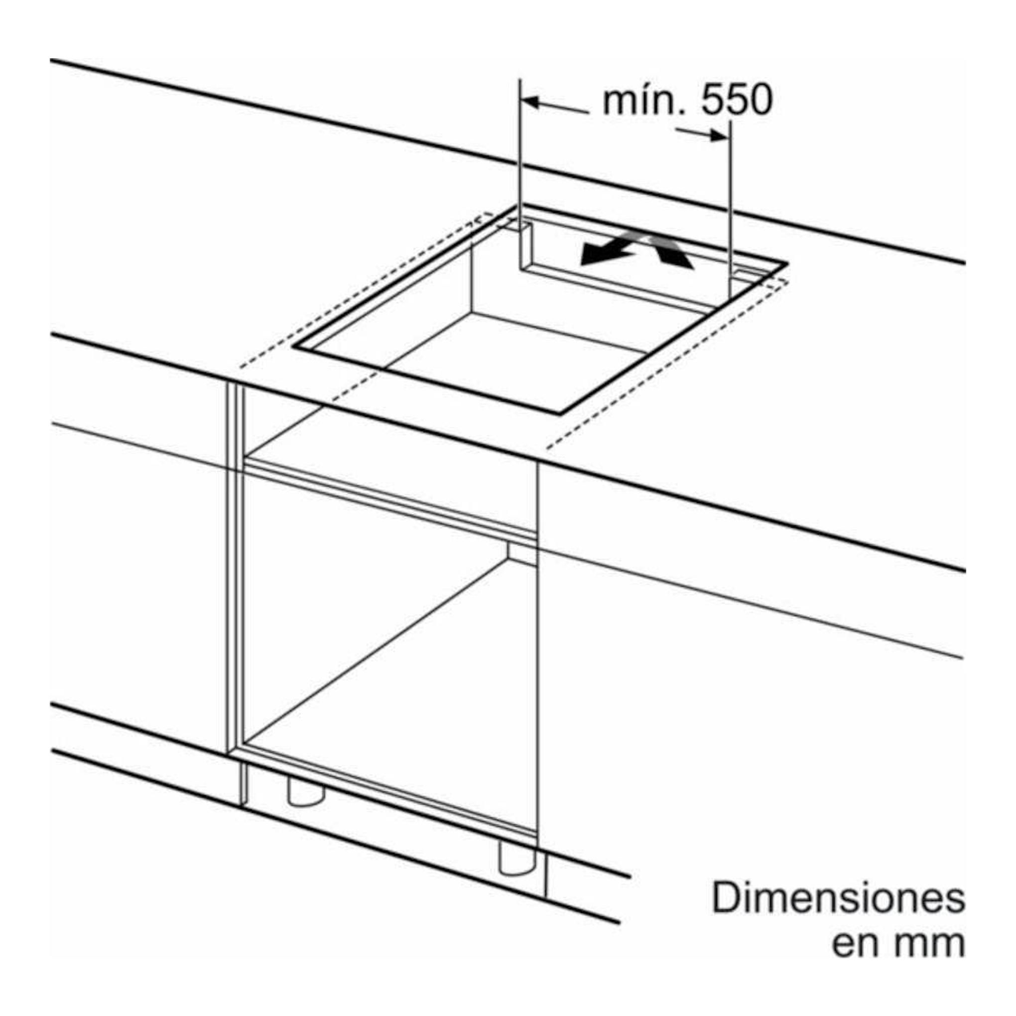 Diagrama en blanco y negro de encastre de placa de inducción Siemens EH775LDC1E, vista isométrica con medidas.