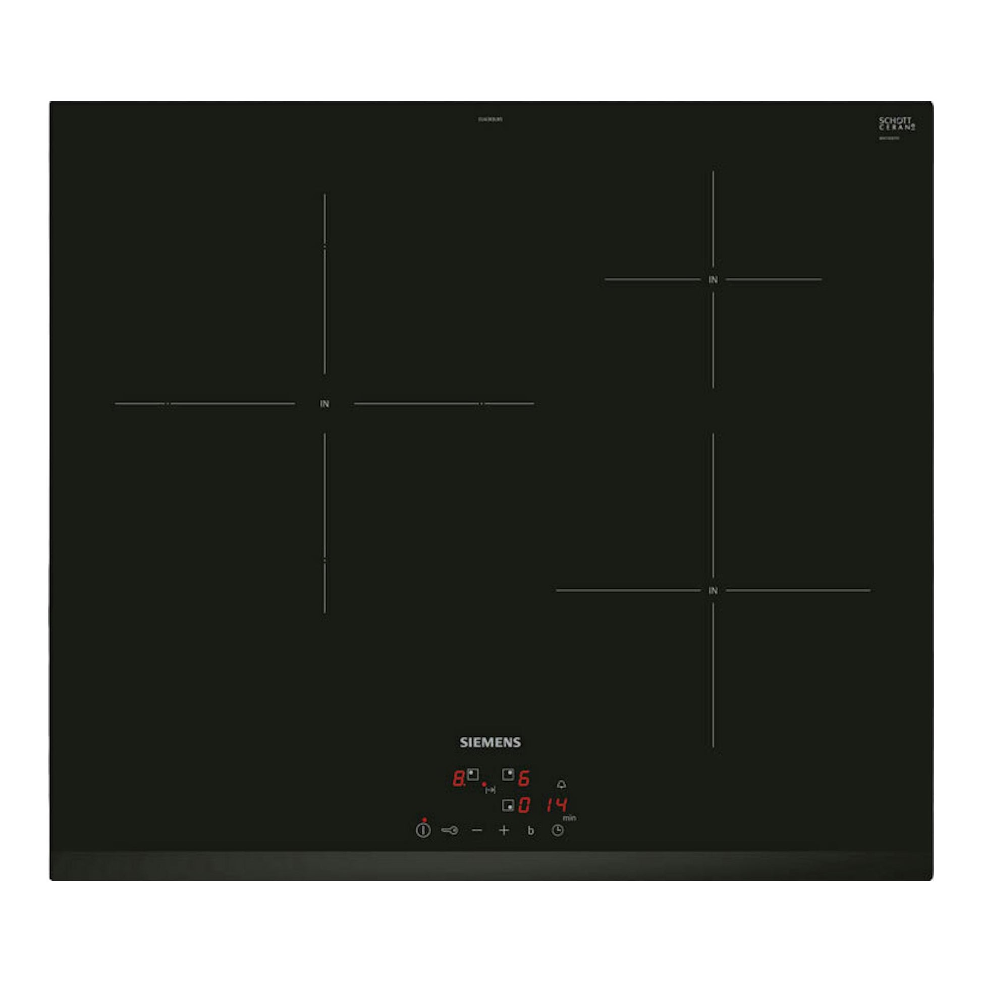 Placa de inducción Siemens EU63KBJB5E negra, vista superior, con cuatro zonas y panel táctil inferior.