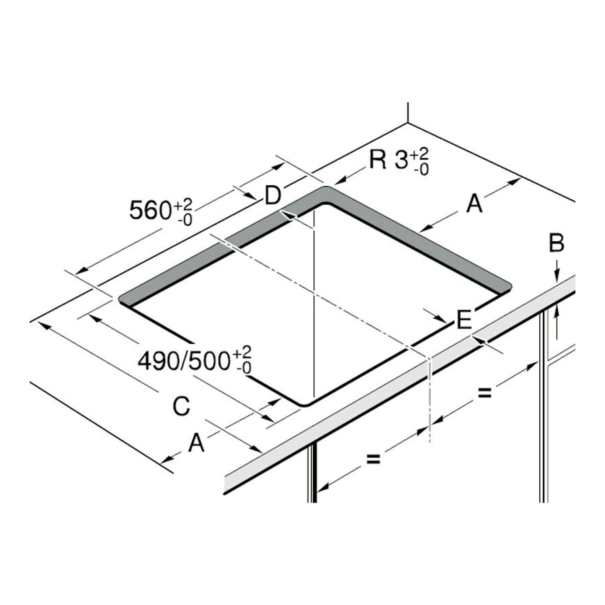 Diagrama técnico isométrico de placa de inducción Siemens EU63KBJB5E, con hueco de encastre y medidas.