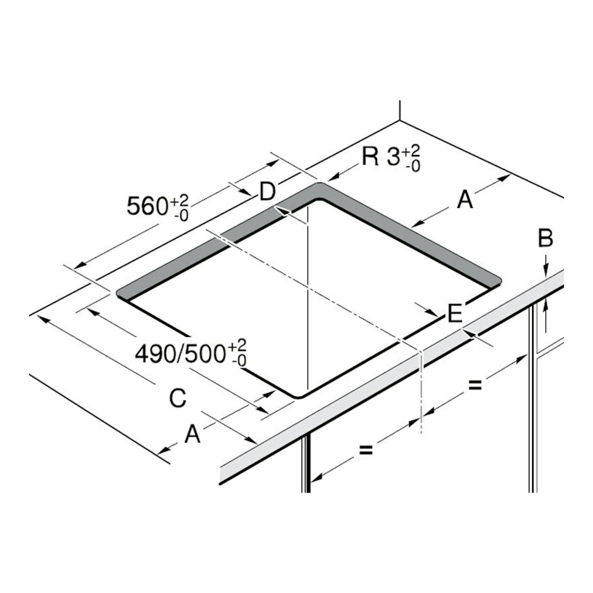 Diagrama técnico isométrico de placa de inducción Siemens EU63KBJB5E, con hueco de encastre y medidas.