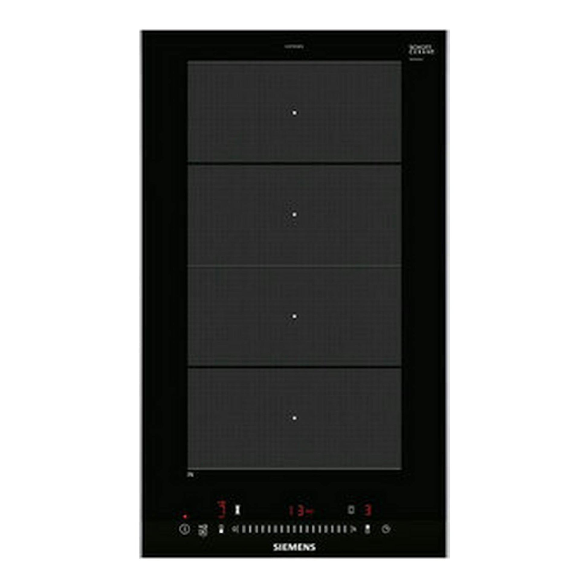Placa de inducción Siemens EX375FXB1E negra, vista frontal, con cuatro zonas y panel táctil inferior.