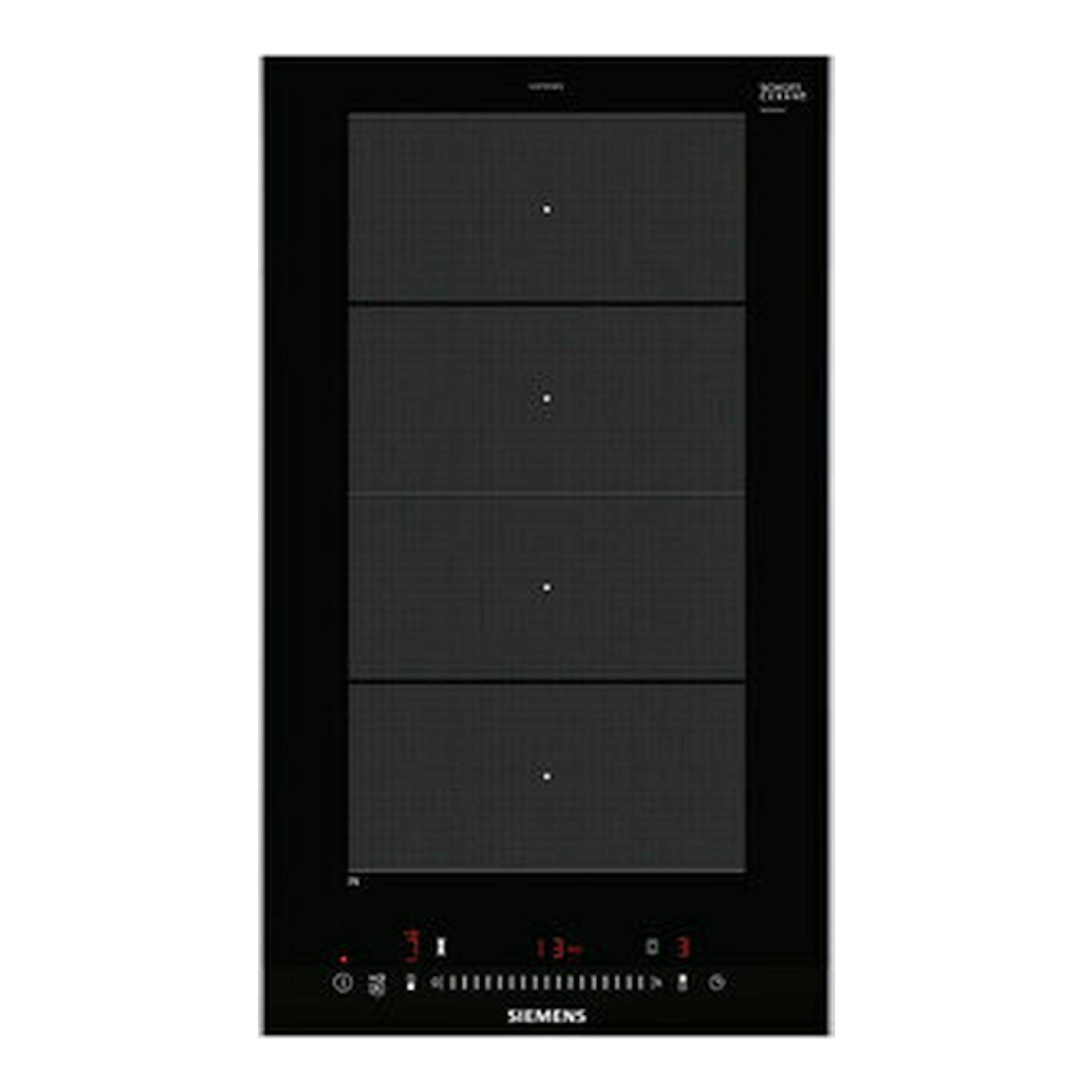 Placa de inducción Siemens EX375FXB1E negra, vista frontal, con cuatro zonas y panel táctil inferior.