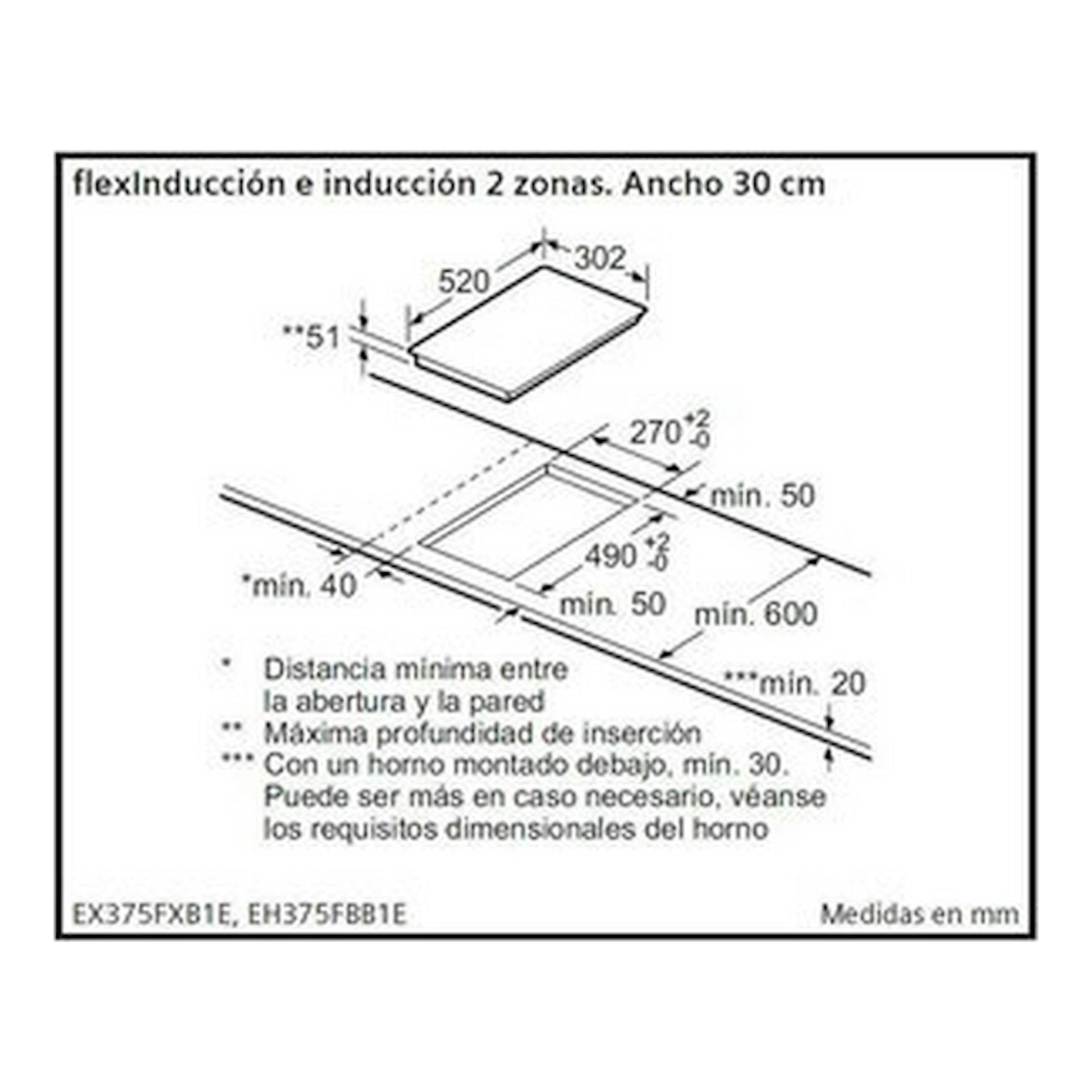 Diagrama de medidas de placa de inducción Siemens EX375FXB1E, 30 cm, vista isométrica en blanco y negro.