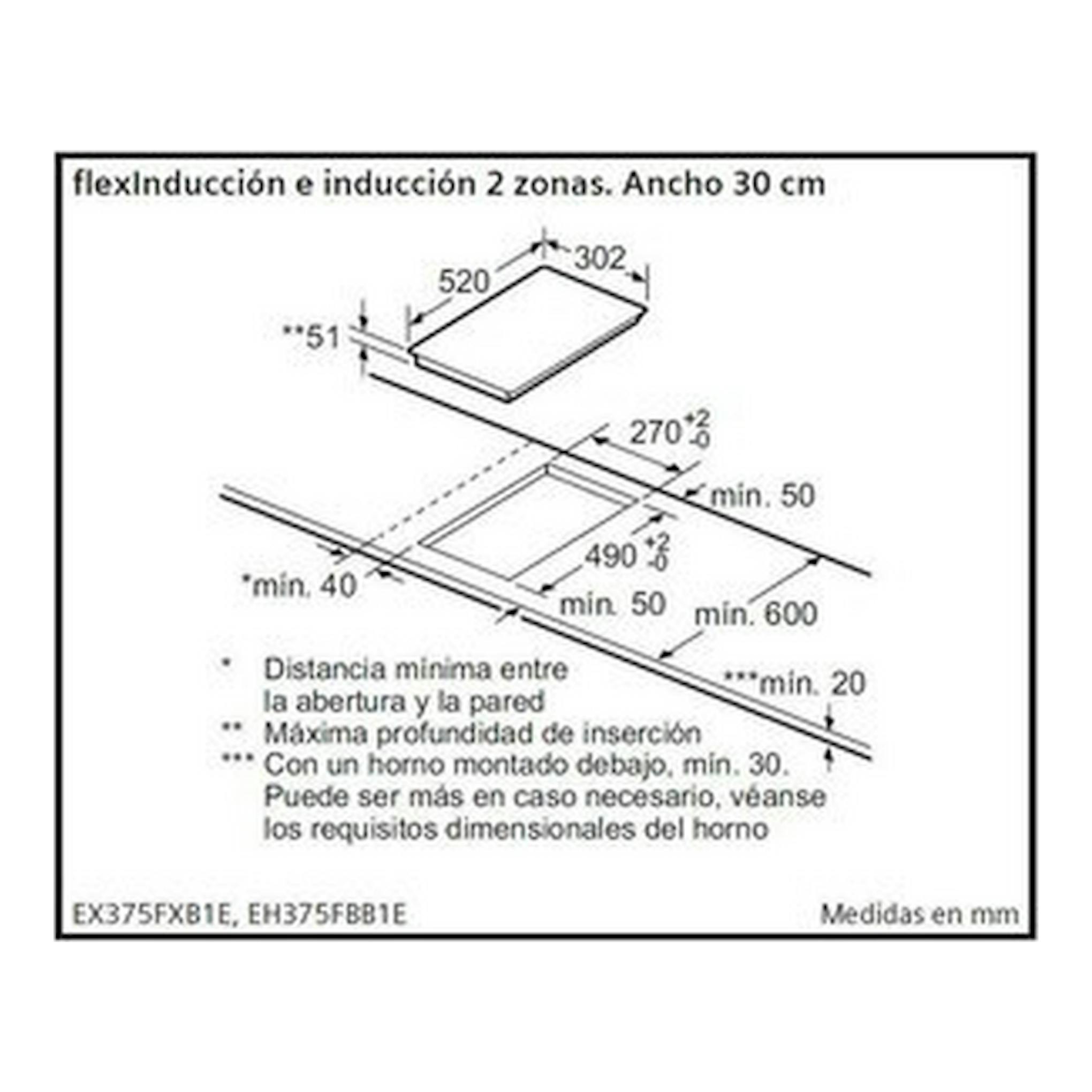 Diagrama de medidas de placa de inducción Siemens EX375FXB1E, 30 cm, vista isométrica en blanco y negro.
