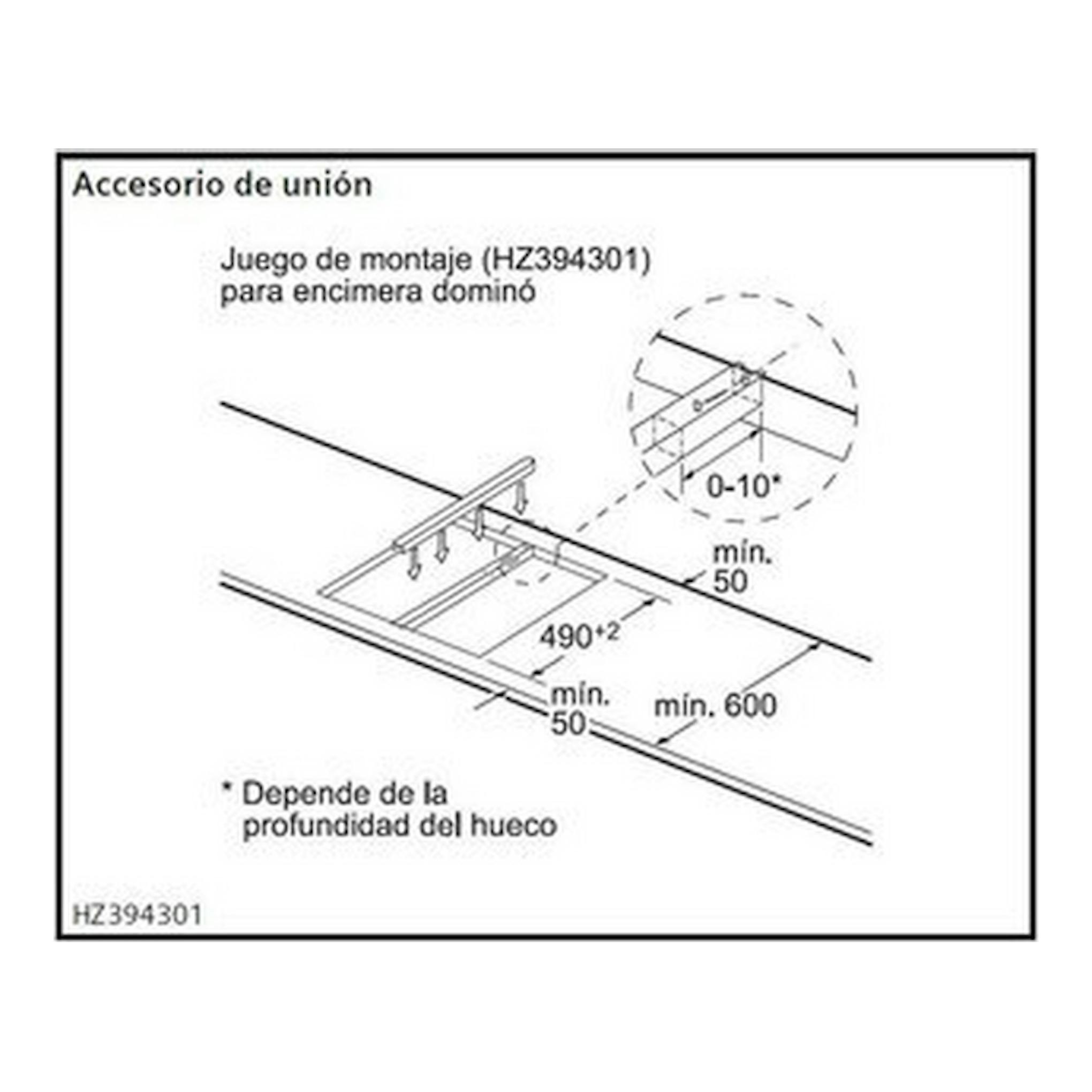 Diagrama técnico en blanco y negro del accesorio de unión Siemens HZ394301 para encimera dominó.