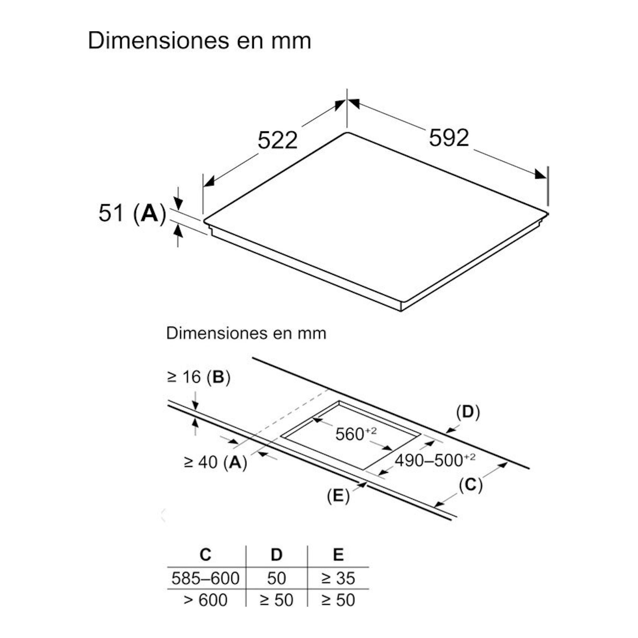 Esquema de dimensiones de la placa de inducción Siemens EX651HEC1E de 60 cm, en vista isométrica.