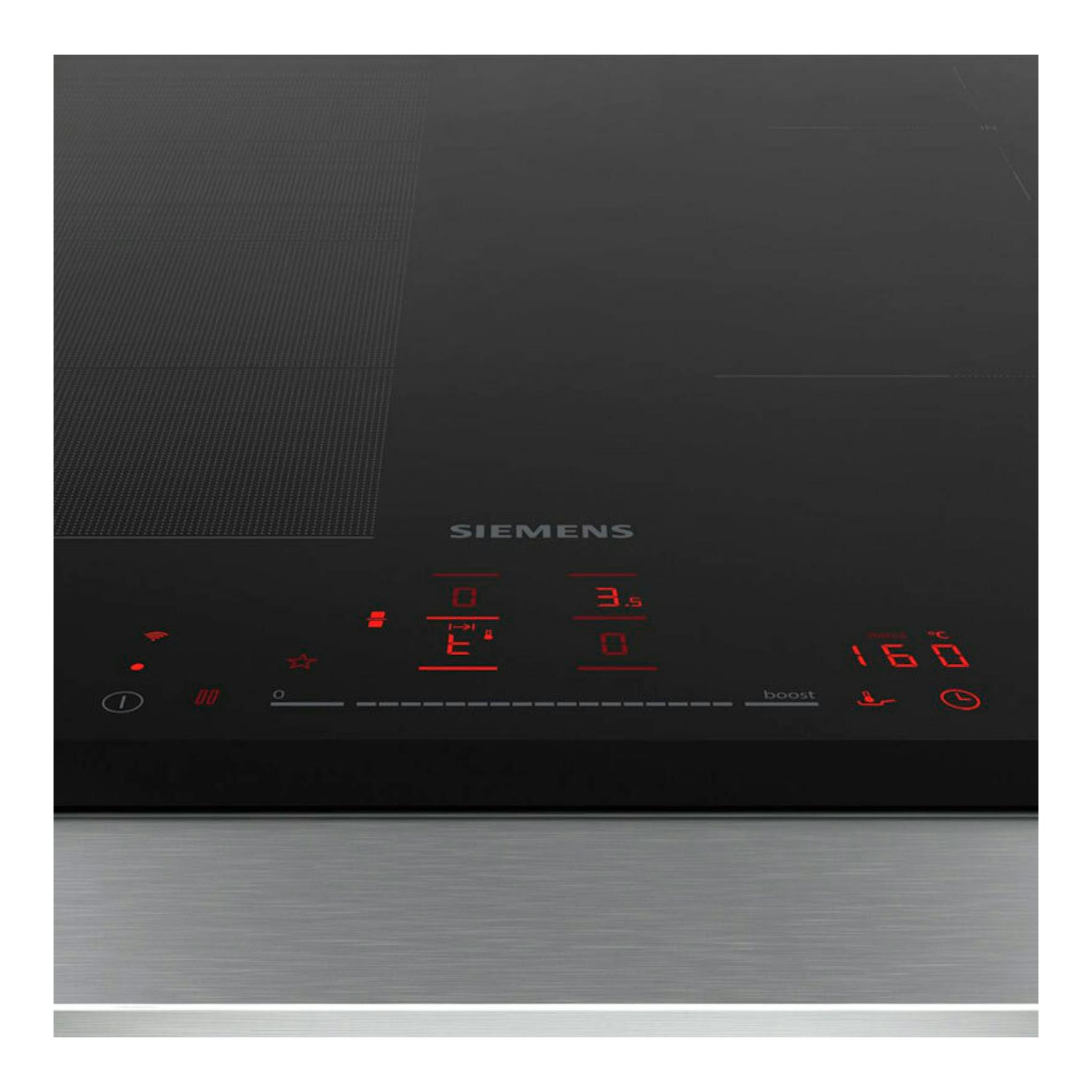 Placa de inducción Siemens EX651HEC1E negra, vista frontal con panel táctil rojo iluminado.