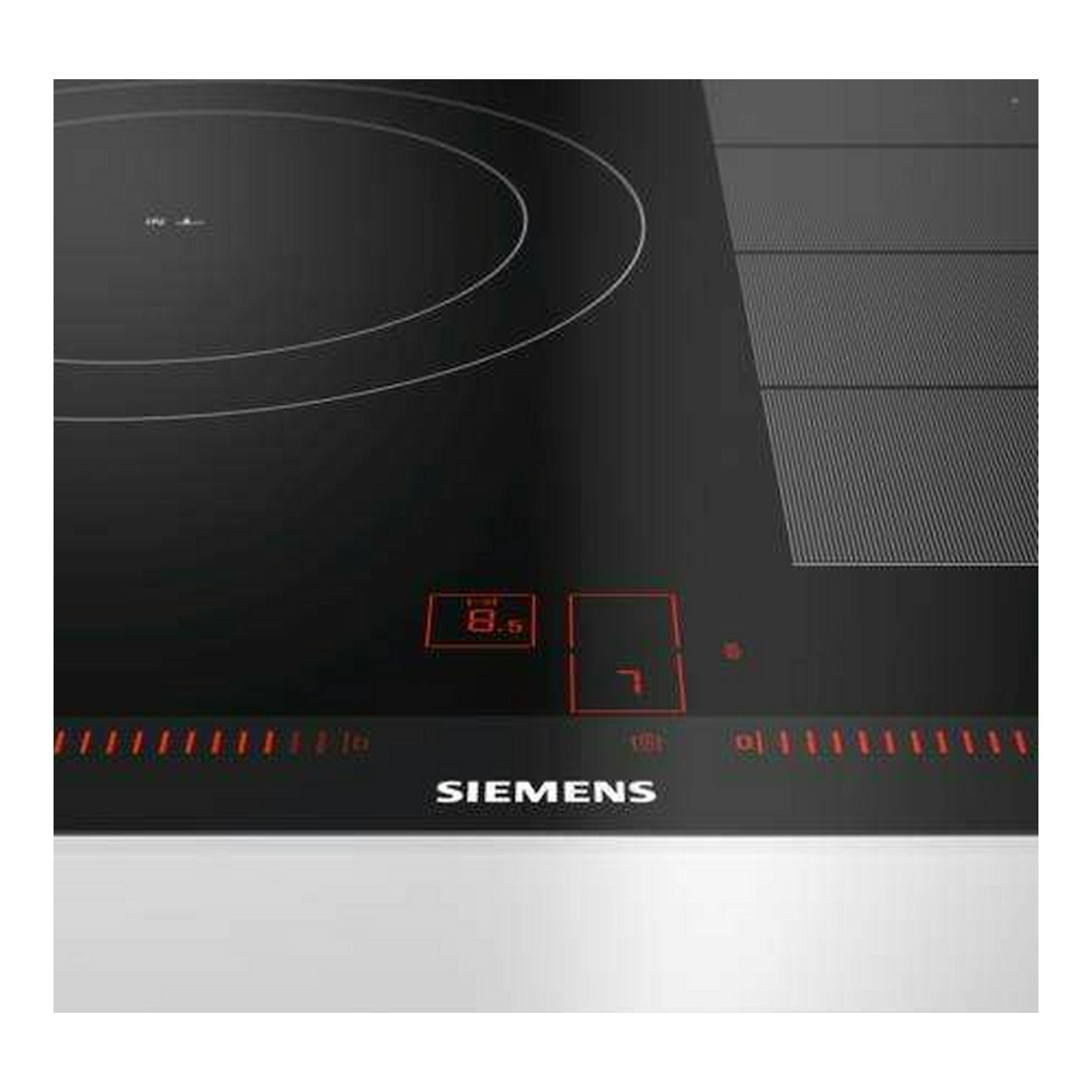 Placa de inducción Siemens EX675LJC1E negra, vista parcial superior con controles táctiles rojos.