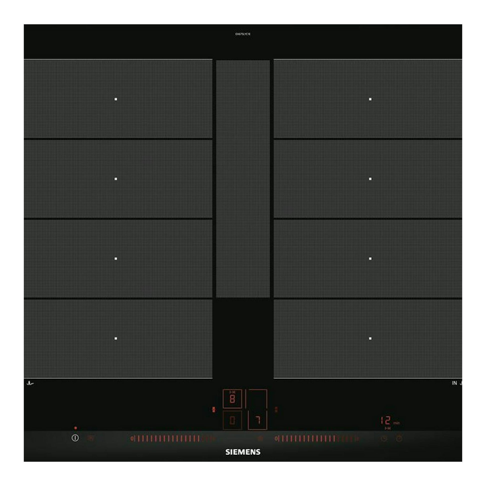 Placa de inducción Siemens EX675LYC1E negra, vista superior, con cuatro zonas y panel táctil rojo.