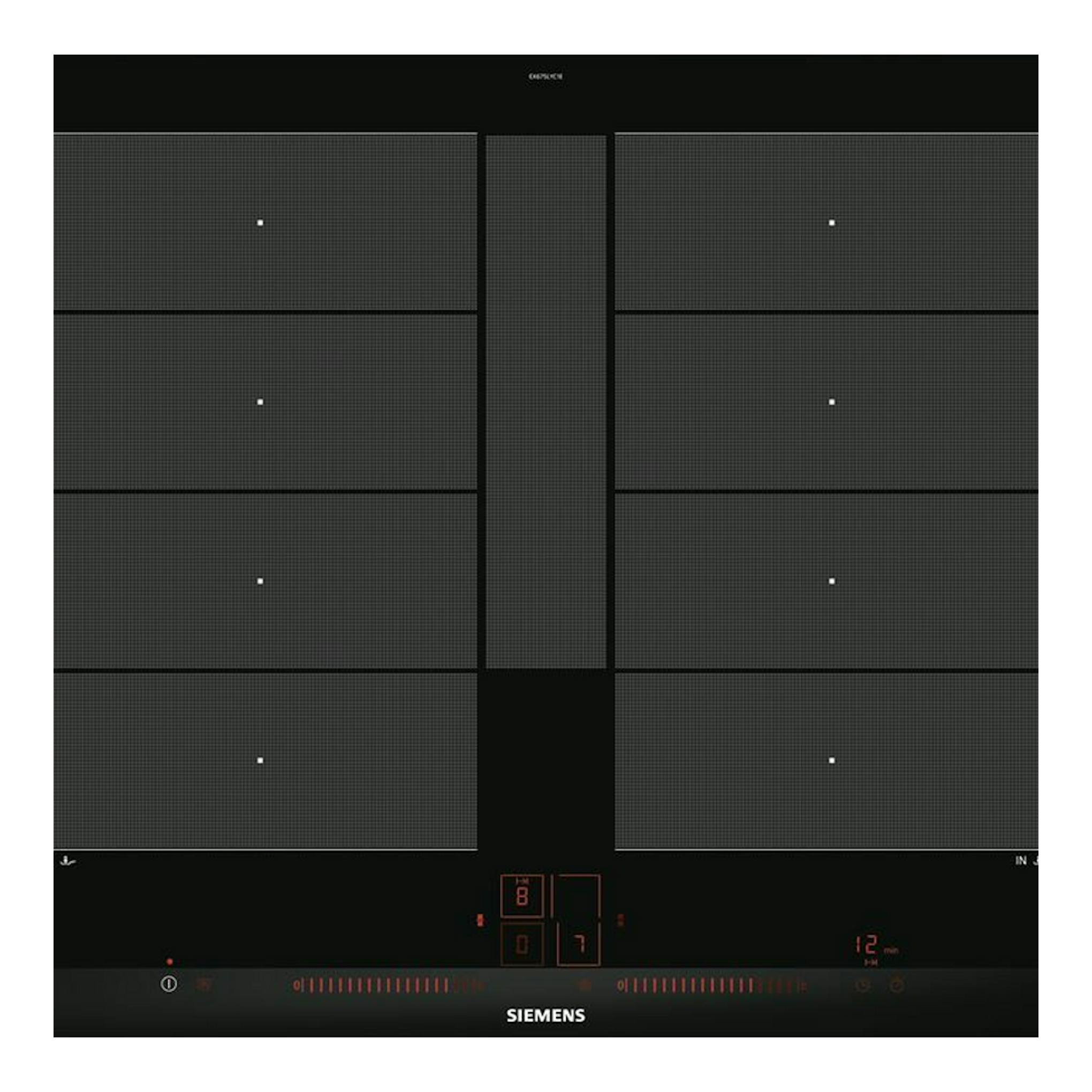 Placa de inducción Siemens EX675LYC1E negra, vista superior, con cuatro zonas y panel táctil rojo.