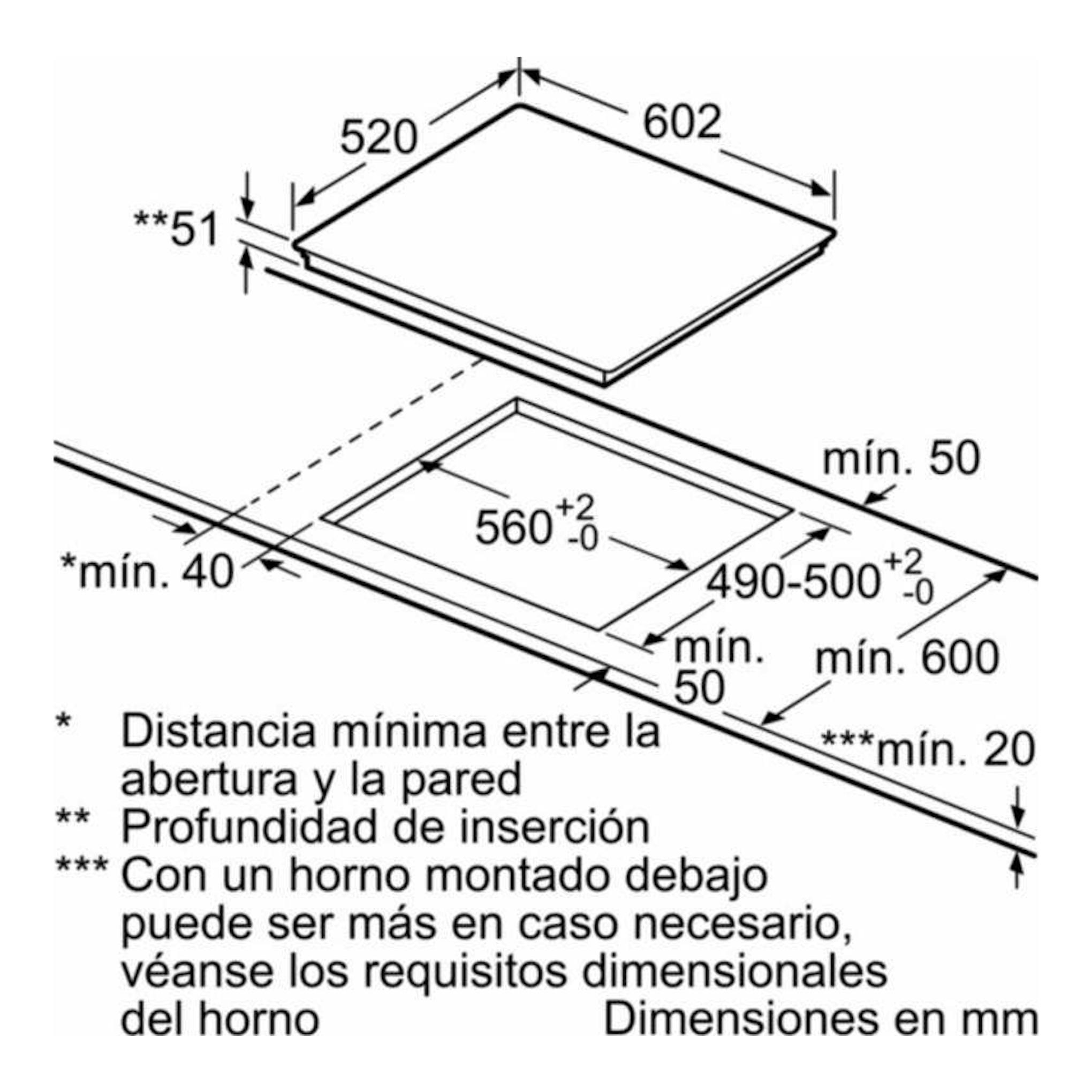 Esquema técnico de la placa de inducción Siemens EX675LYC1E, con medidas de encastre en mm.