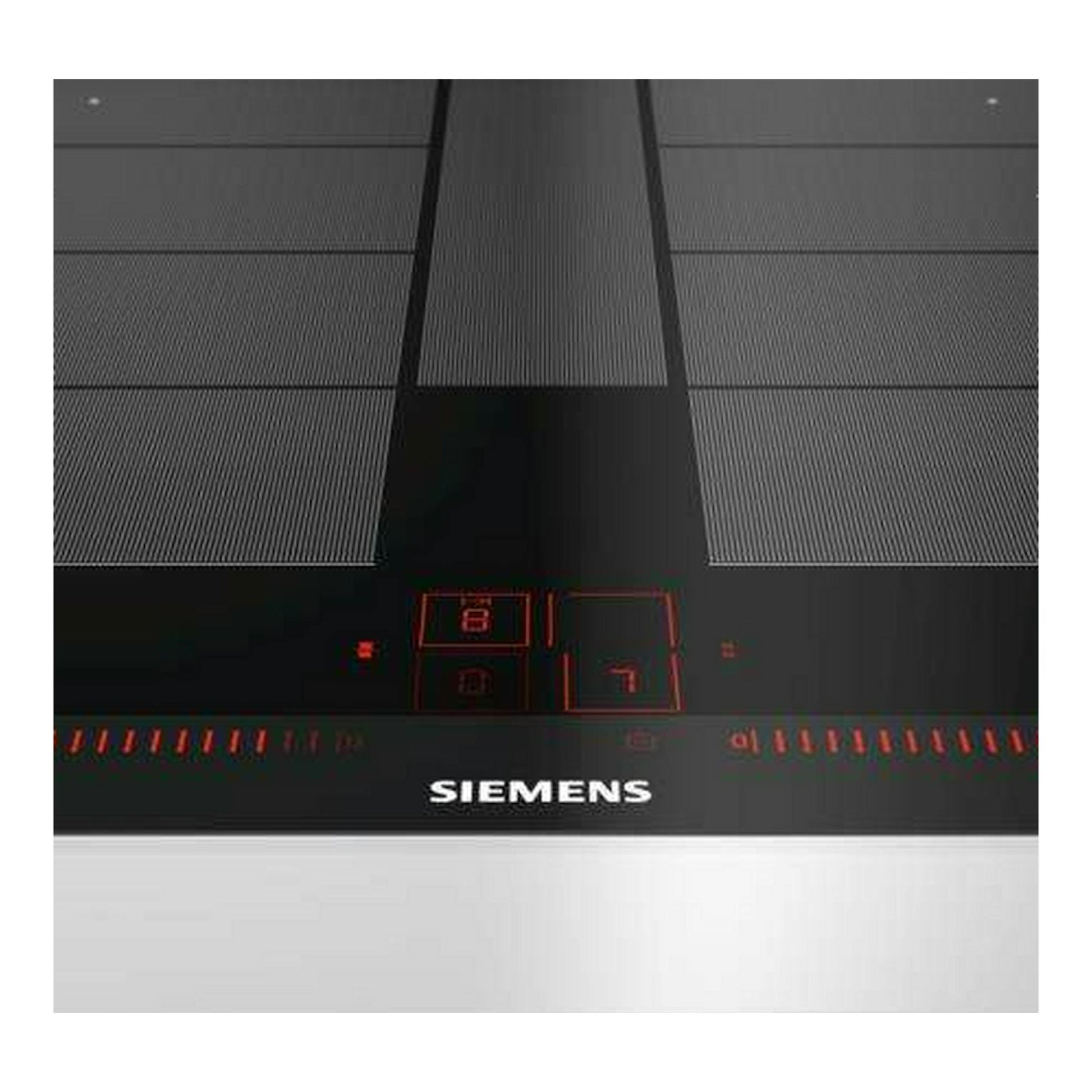 Placa de inducción Siemens EX675LYC1E negra, vista superior parcial, con controles táctiles rojos.