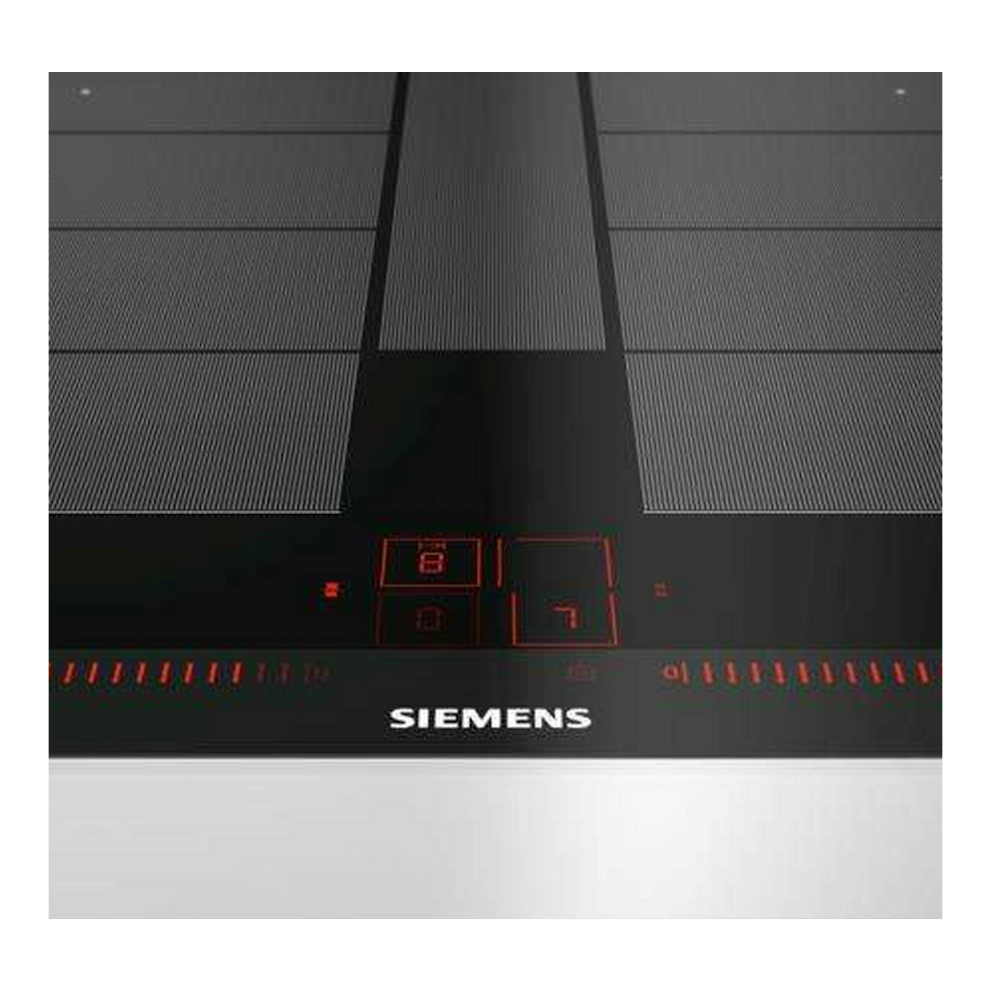 Placa de inducción Siemens EX675LYC1E negra, vista superior parcial, con controles táctiles rojos.