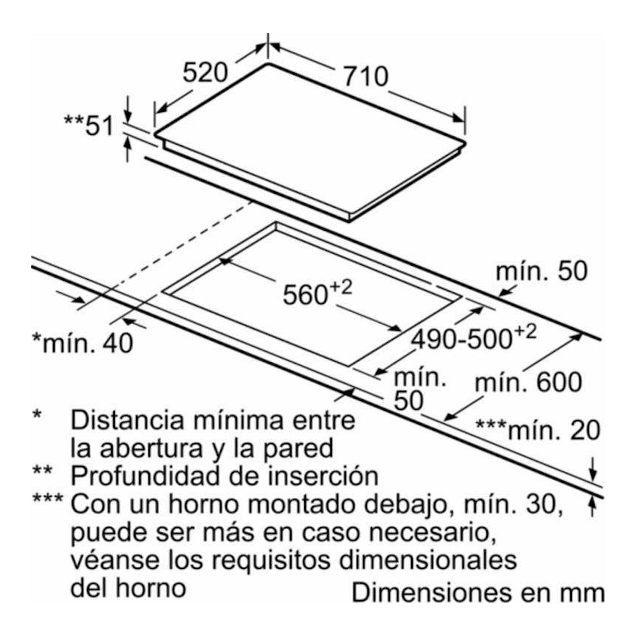 Diagrama de instalación de placa de inducción Siemens EX775LYE4E, con medidas de encastre y ventilación en mm.