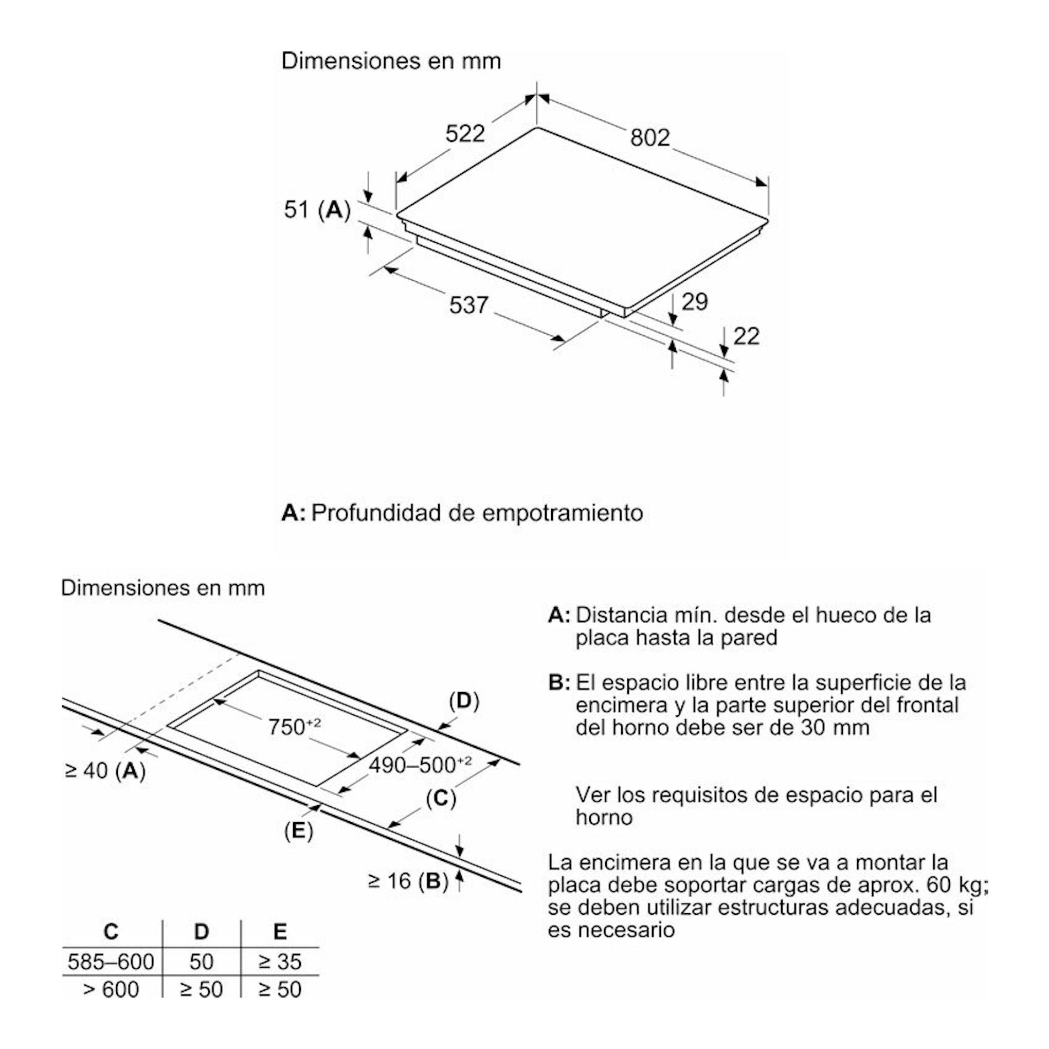 Esquema técnico en blanco y negro de la placa de inducción Siemens EX81AHEC1E, vista isométrica con medidas en mm.